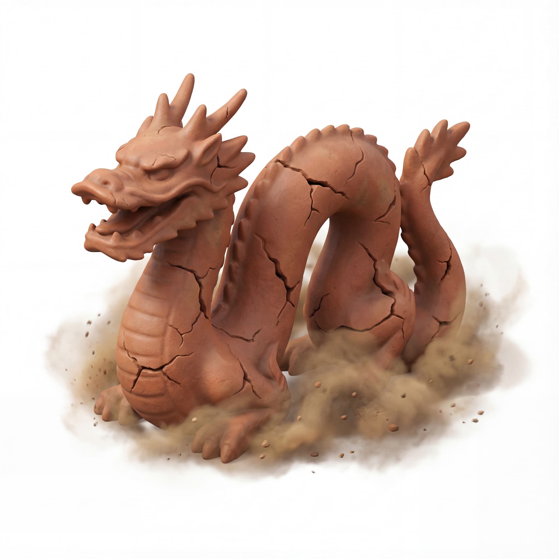 An isometric dragon with cracked terracotta skin and fault-line marks enveloped in an earth dust cloud symbolizing upheaval.