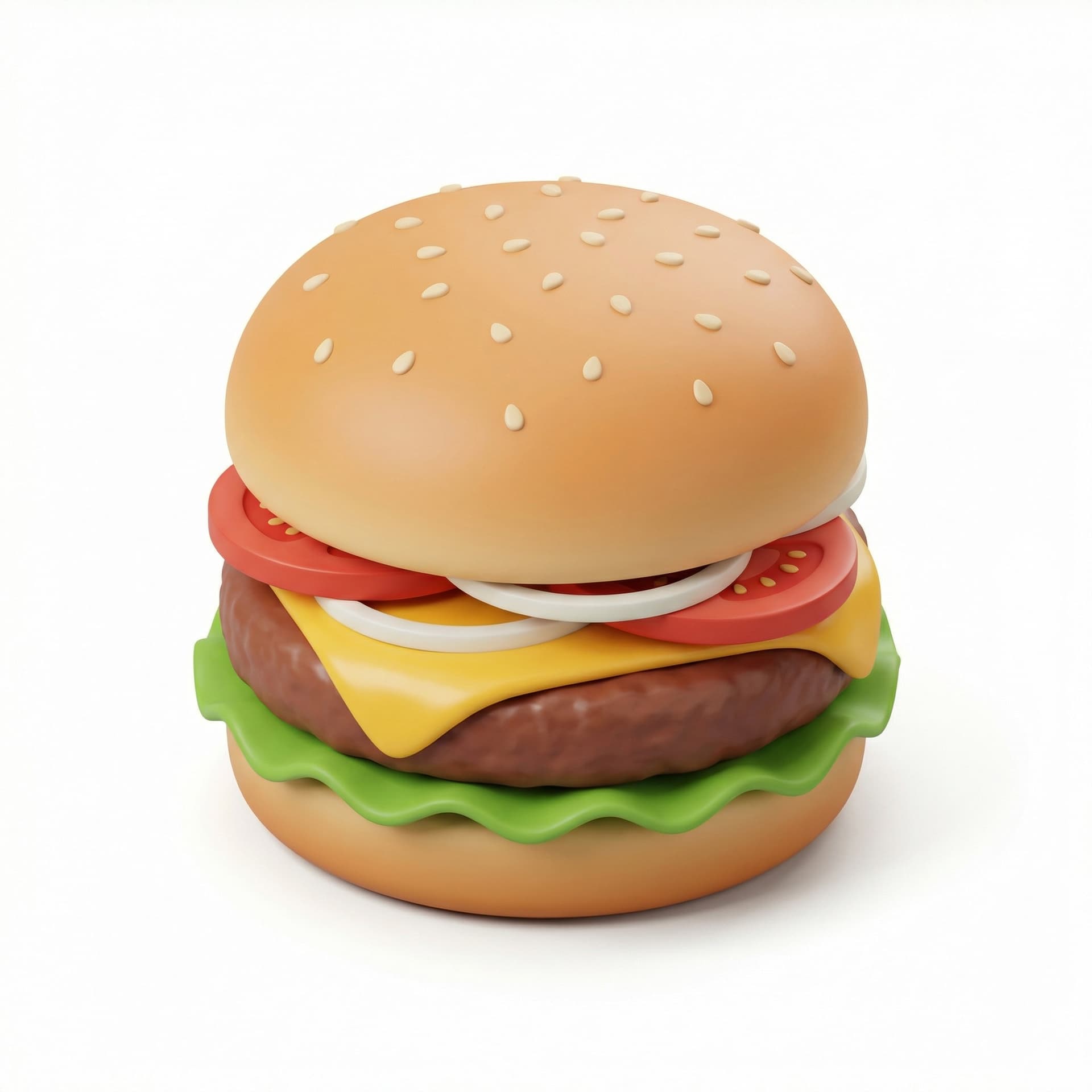 Isometric icon of a cheeseburger, clay render, thick layers, rounded buns, yummy appearance, soft studio lighting,