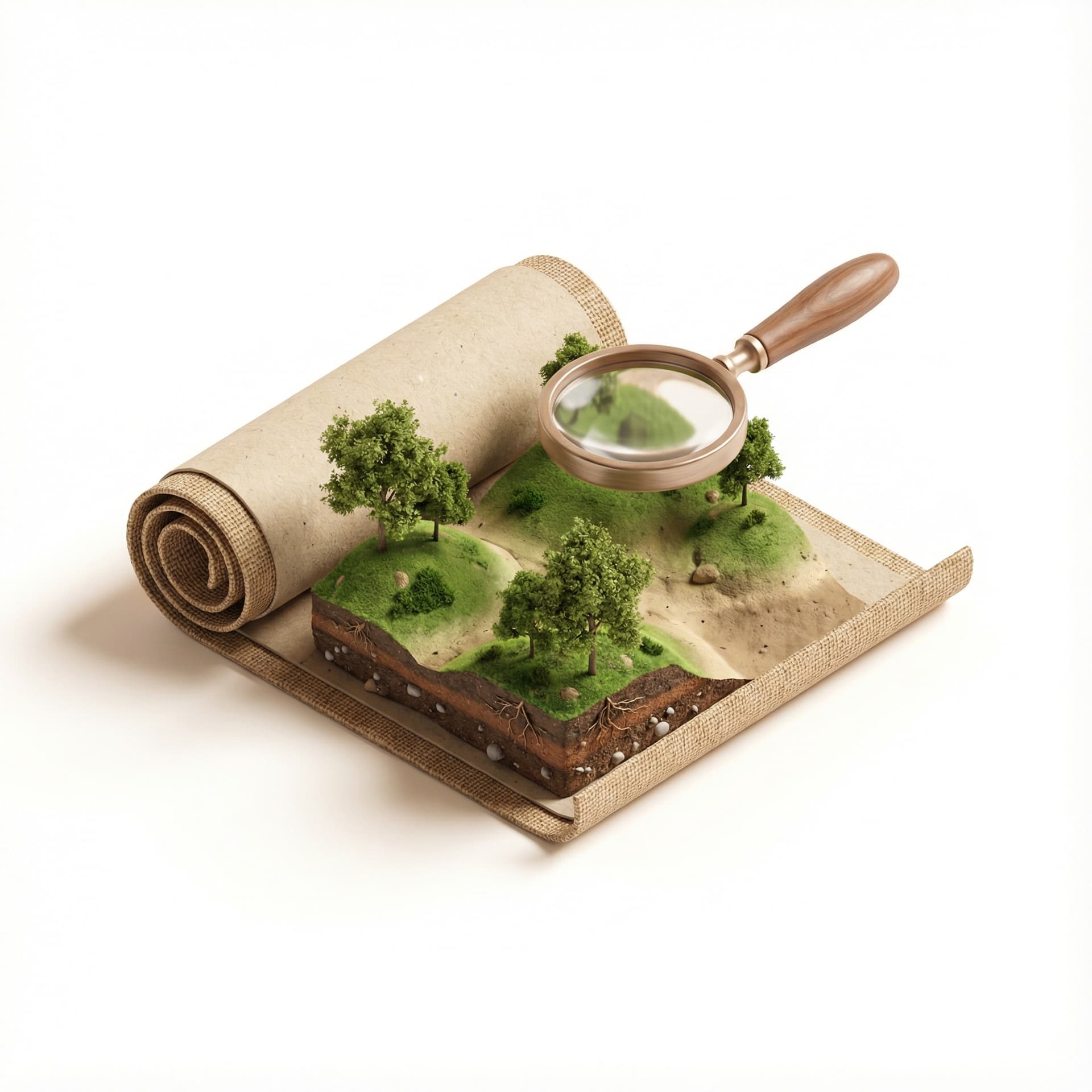 Realistic 3D miniature icon of a small rolled eco-map with soft terrain textures, including tiny hills, trees, and soil layers. Clean Apple/Airbnb-style rendering, smooth materials, soft global lighting, warm shadows. Add a small magnifying glass hovering above the map to represent ecological history analysis. Minimal, high clarity, no text, white background