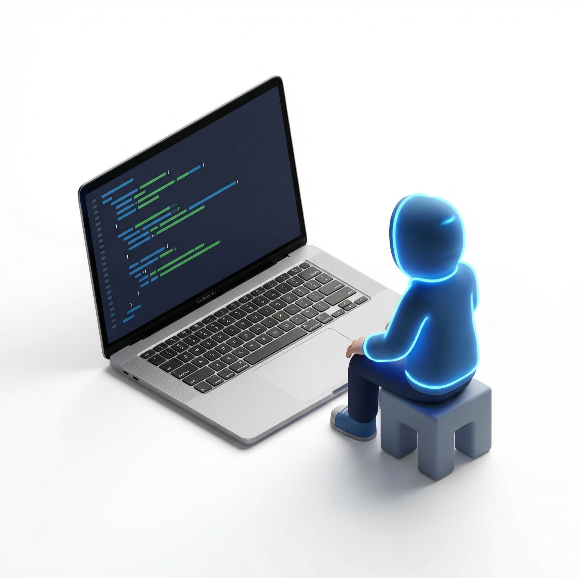 coder sedang duduk didepan laptop menggunakan hoodie biru neon