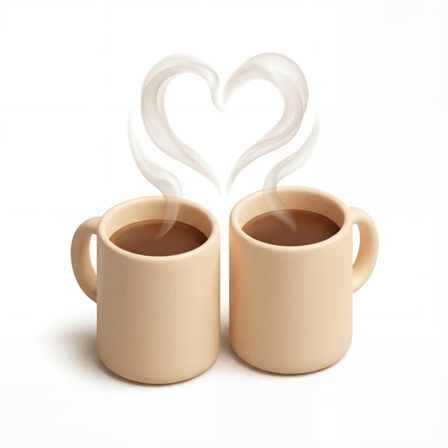 Two coffee cup items placed side by side, simple cylindrical cup shapes, steam rising from both cups and forming a heart shape above them, centered composition, isolated on a white background.