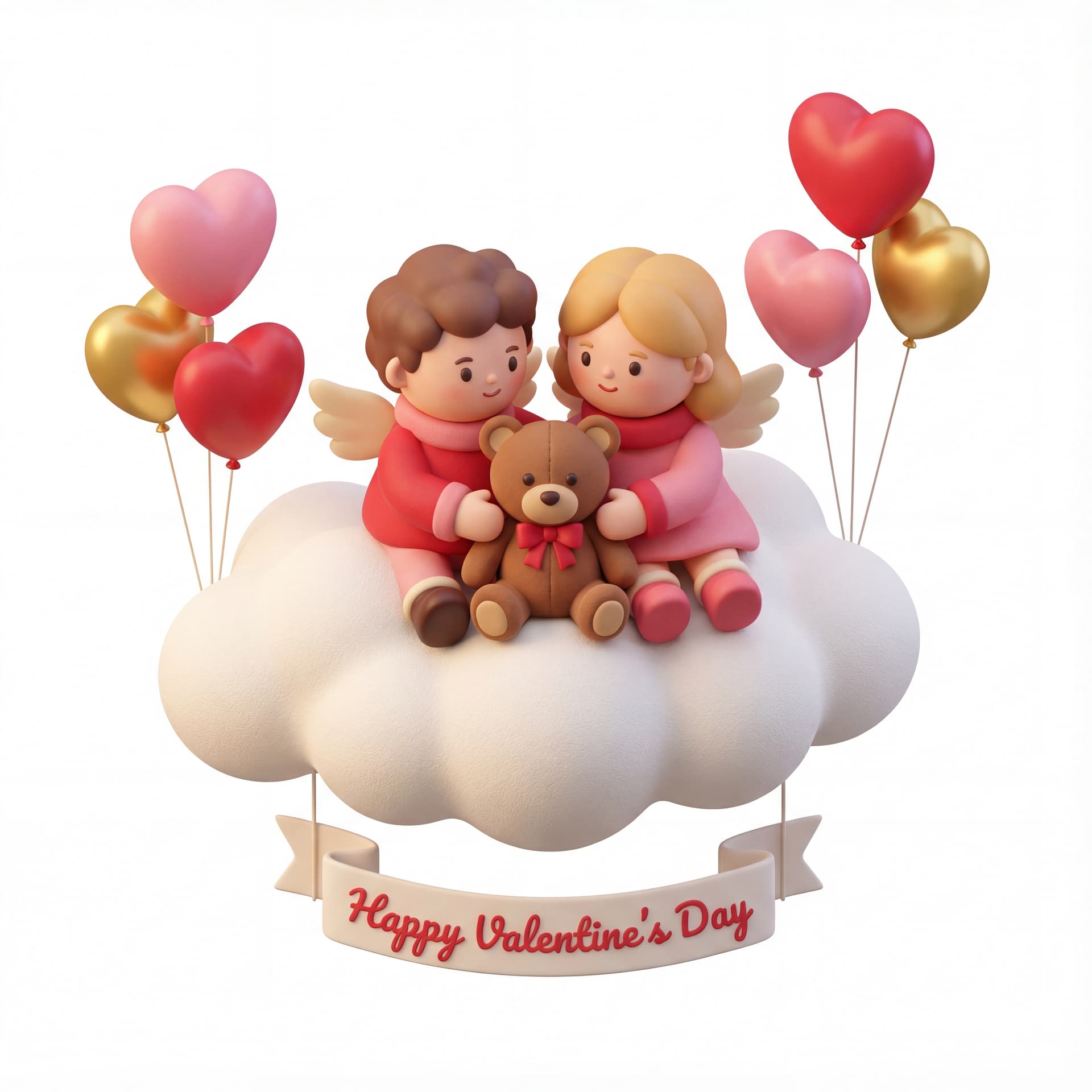 A full-body portrait of a cute couple of Cupid characters sitting on a soft cloud, a teddy bear seated between them, balloons tied to the cloud, with “Happy Valentine’s Day” written on a hanging ribbon, isolated on a white background.