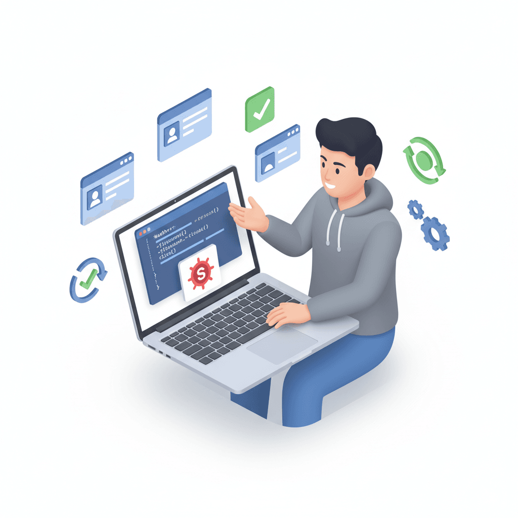 Isometric icon of a young male learning QA Automation with Selenium on a laptop. Code snippets and a small Selenium logo appear on screen. Minimalist tech elements like checkmarks, UI windows, and automation symbols float around. Clean, modern, vibrant tech style