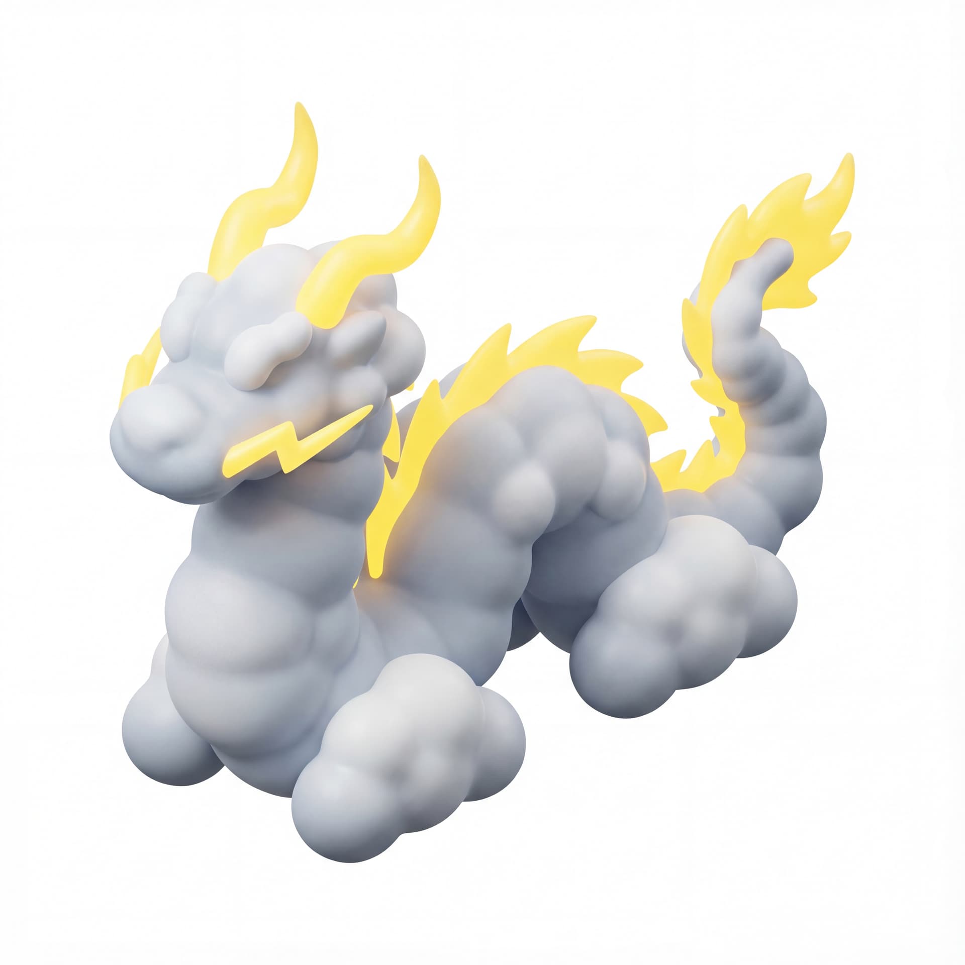 thundercloud dragon composed of puffed soft clouds with yellow lightning streaks forming its horns and tail.