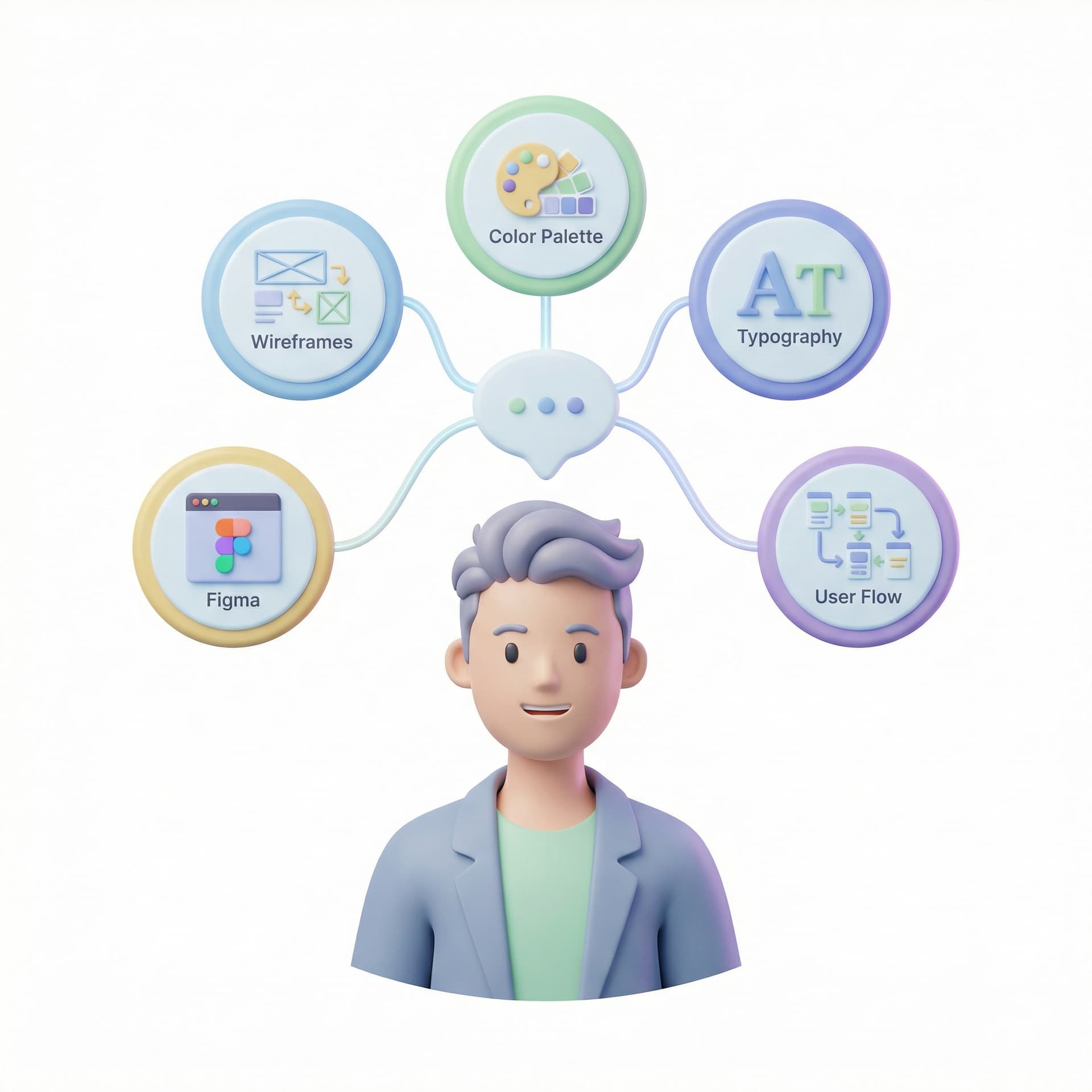 Create a modern, clean illustration of a half-body UI/UX designer.
The person faces forward with a professional expression.
Above the head, show floating circular nodes connected by thin lines, like a mind map.
Each circle represents UI/UX tools such as wireframes, color palette, typography, Figma, and user flow.
Use a minimal, soft style with rounded shapes, subtle gradients, and a light background.