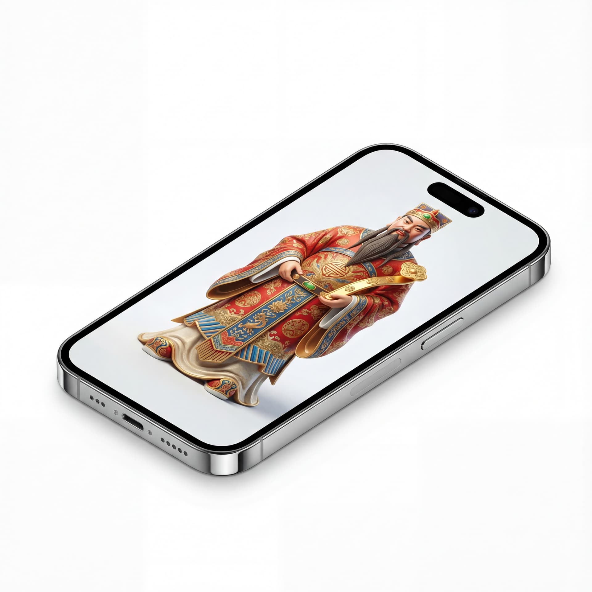 A full-body potrait of a valiant God of Wealth standing with feet apart in a commanding posture, broad shoulders, long beard flowing naturally, ceremonial robes with refined traditional patterns, arms lowered while holding a symbolic wealth tablet, front-facing, isolated on a white background.