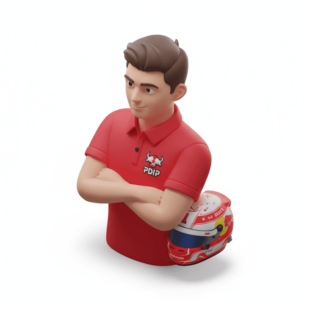 Create 3D isometric of Max Verstappen wearing PDIP (Partai Demokrasi Indonesia Perjuangan) polo shirt.
