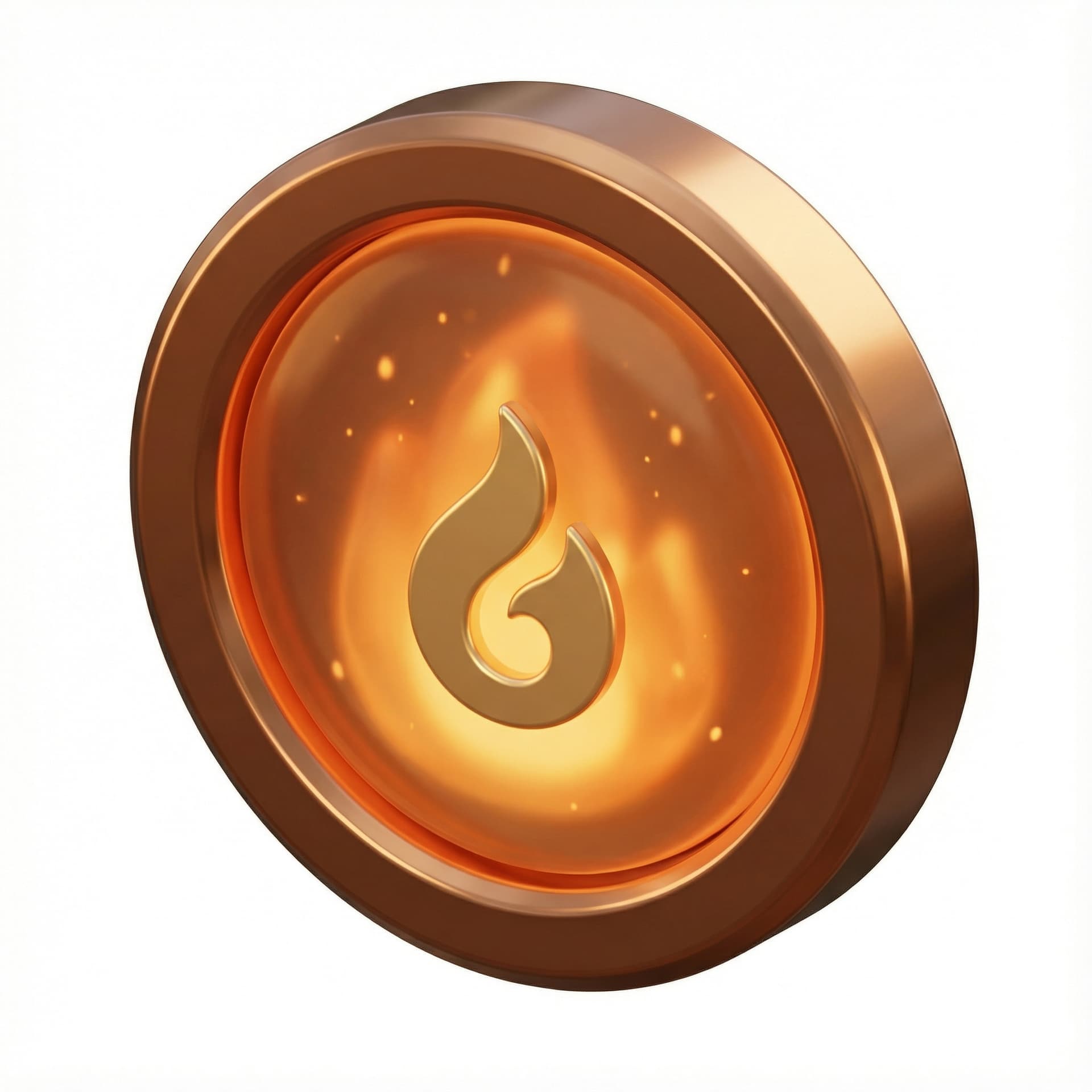 Create a 3D icon for the rank “Ember Initiate”. Circular badge, glowing orange ember core, soft sparks, warm lighting, glossy finish, minimalistic symbol of a small flame seed. Ultra-sharp 4K, transparent background, no text, professional and modern.