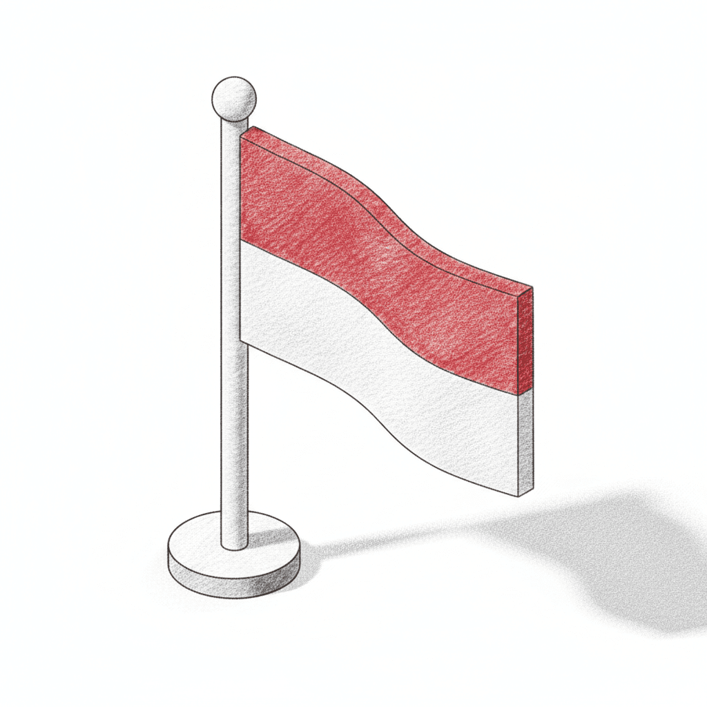 pencil sketch isometric icon of a waving Indonesian flag on a pole