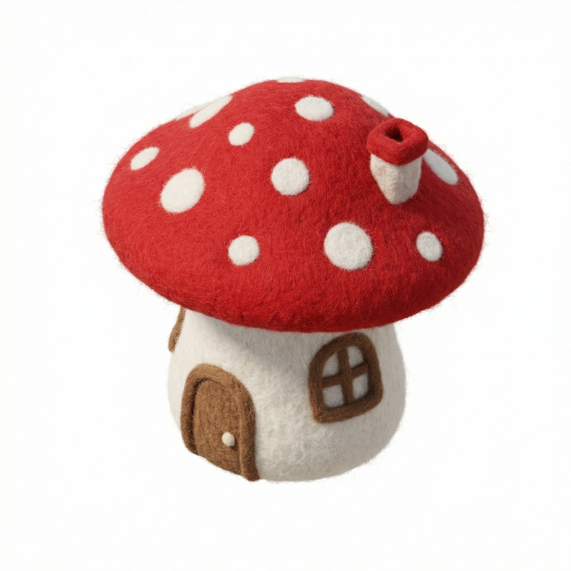 Isometric icon of a toadstool mushroom house, needle felting style, red and white wool, soft fuzzy edges, fabric texture, craft masterpiece
