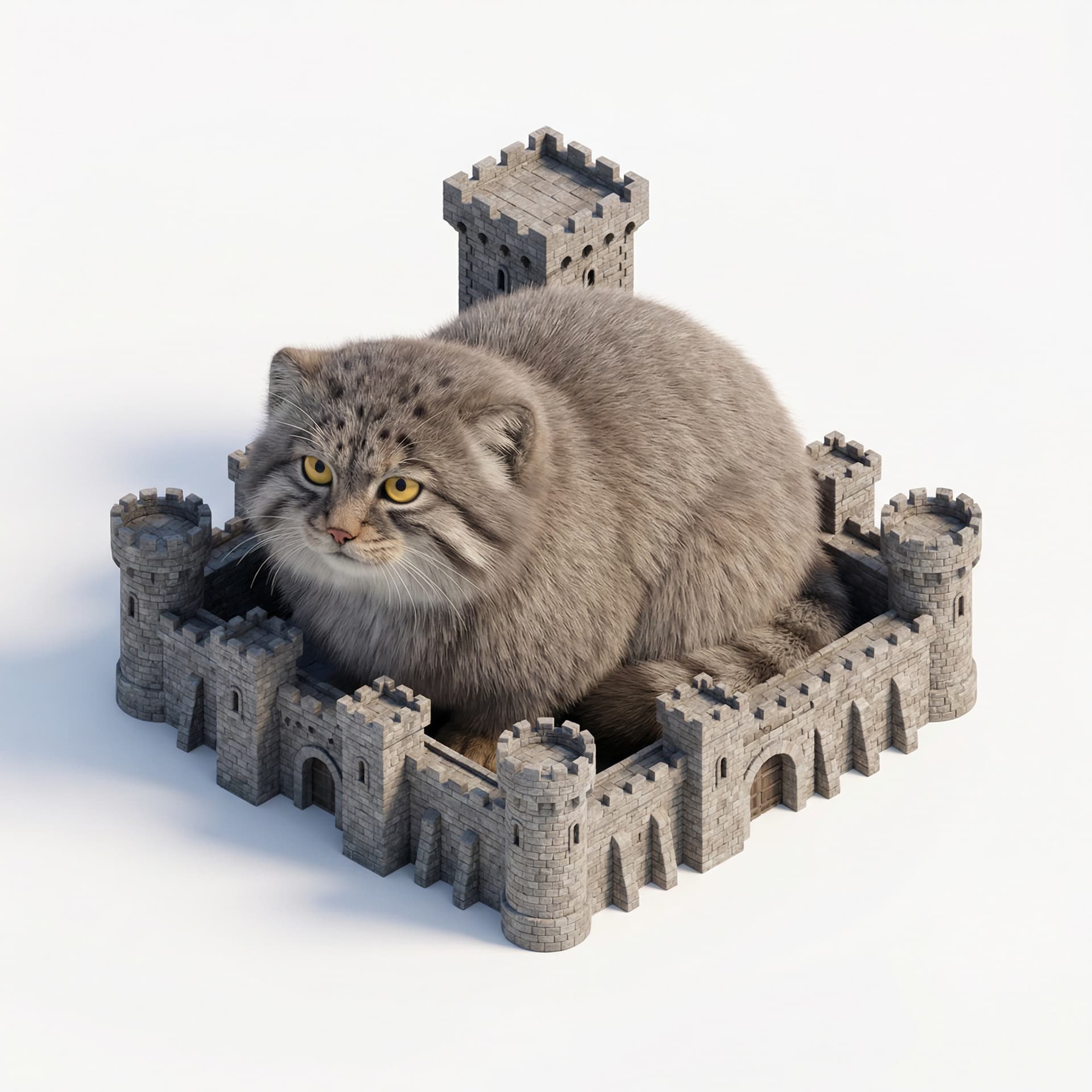 A giant Pallas cat inside of a castle 