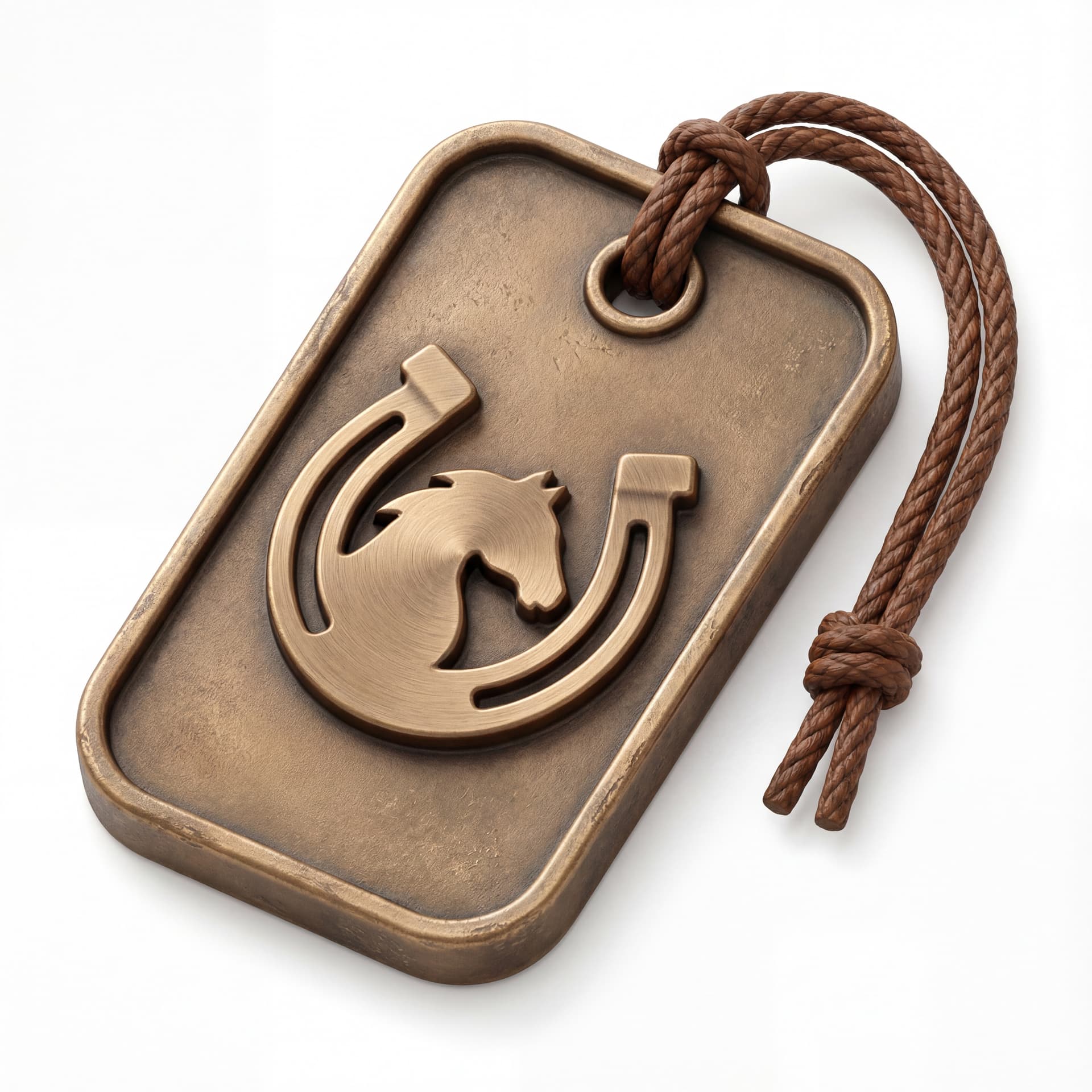 A horse-themed lucky charm icon shaped as a hanging tag with a horse symbol in the center, vertical orientation, isolated on a white background.