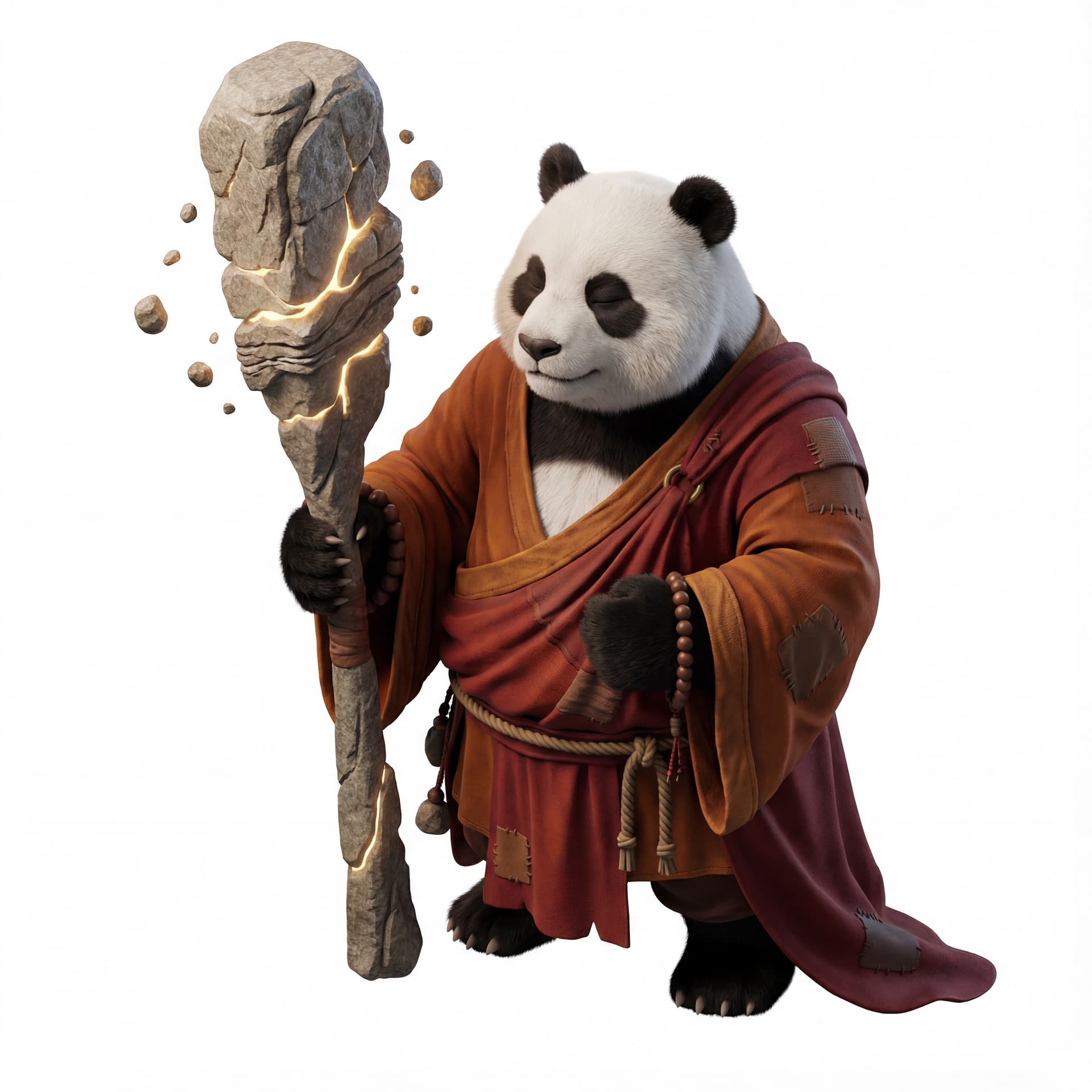 A highly detailed 3D cartoon panda monk holding a massive stone staff, cracks glowing softly between rock layers, small pebbles levitating around the weapon, calm disciplined expression, detailed cloth folds, isolated character.