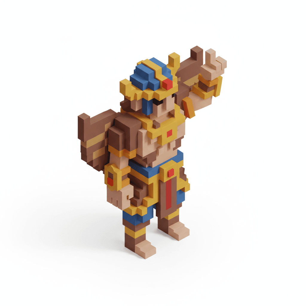 8-bit isometric pixel icon of a famous Indonesian hero pointing upward with sharp pixelated detail