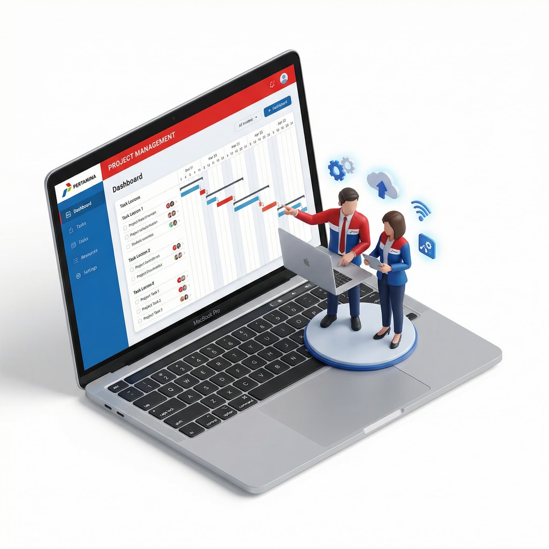 icon project management, gambar orang sedang berdiskusi menyusun project di laptop, dengan nuansa pertamina dan IT