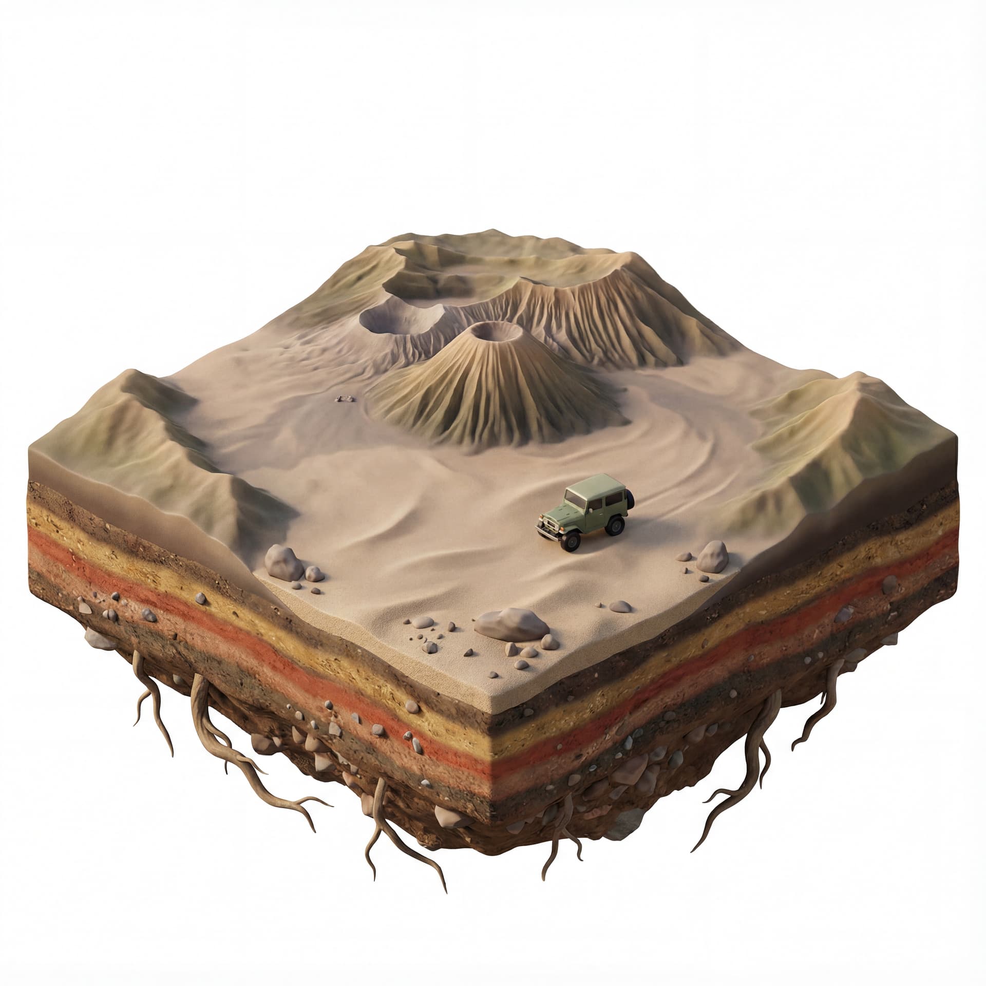 Mount Bromo, a detailed volcanic crater, a sea of sand, low hills surrounding the crater, no thin smoke rising from the crater peak, a small jeep with a hard roof on the sand for scale, the base of a floating island with layered soil texture + sand, scattered rocks and roots extending downward.