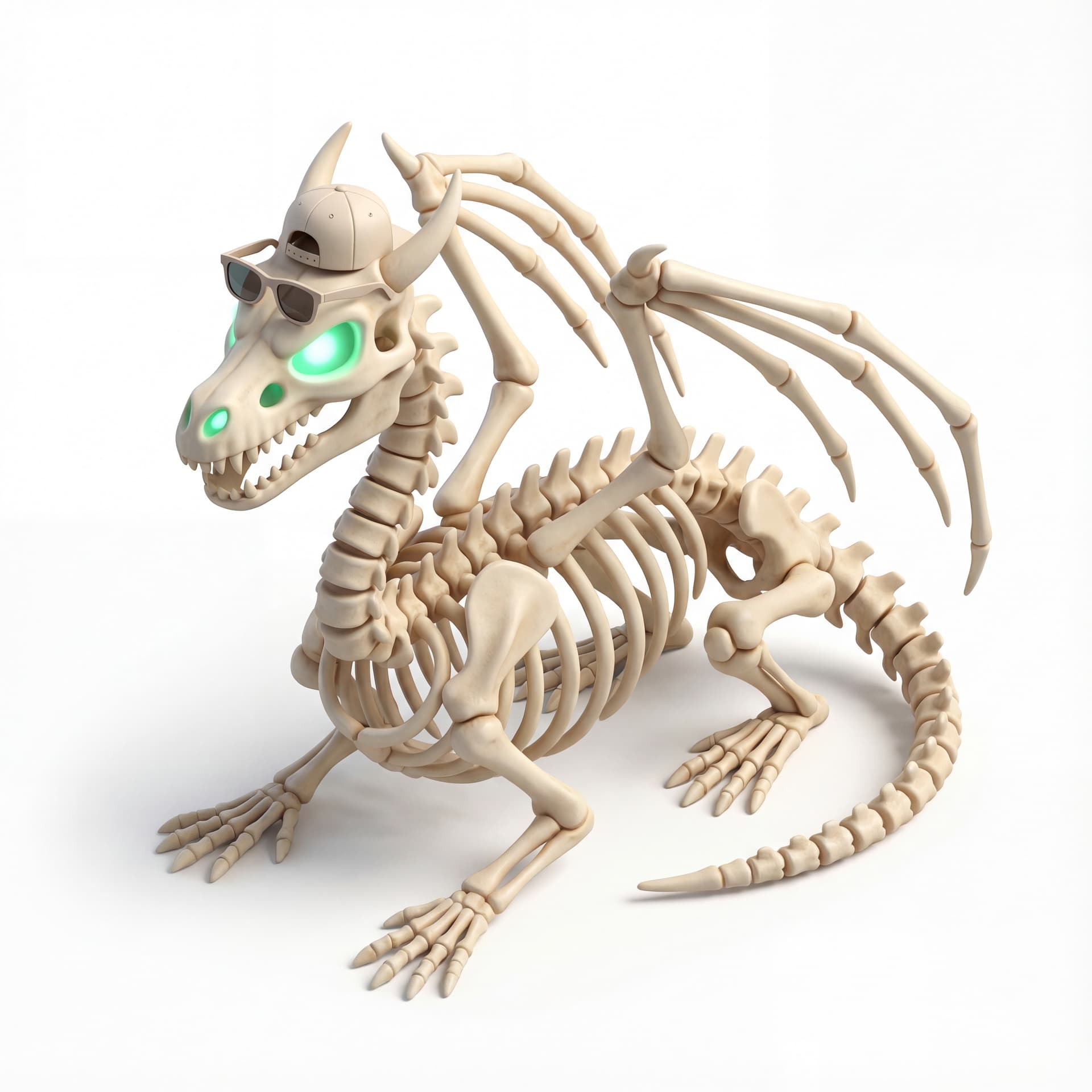 skeletal dragon with glowing green mint eyes and cool vibes