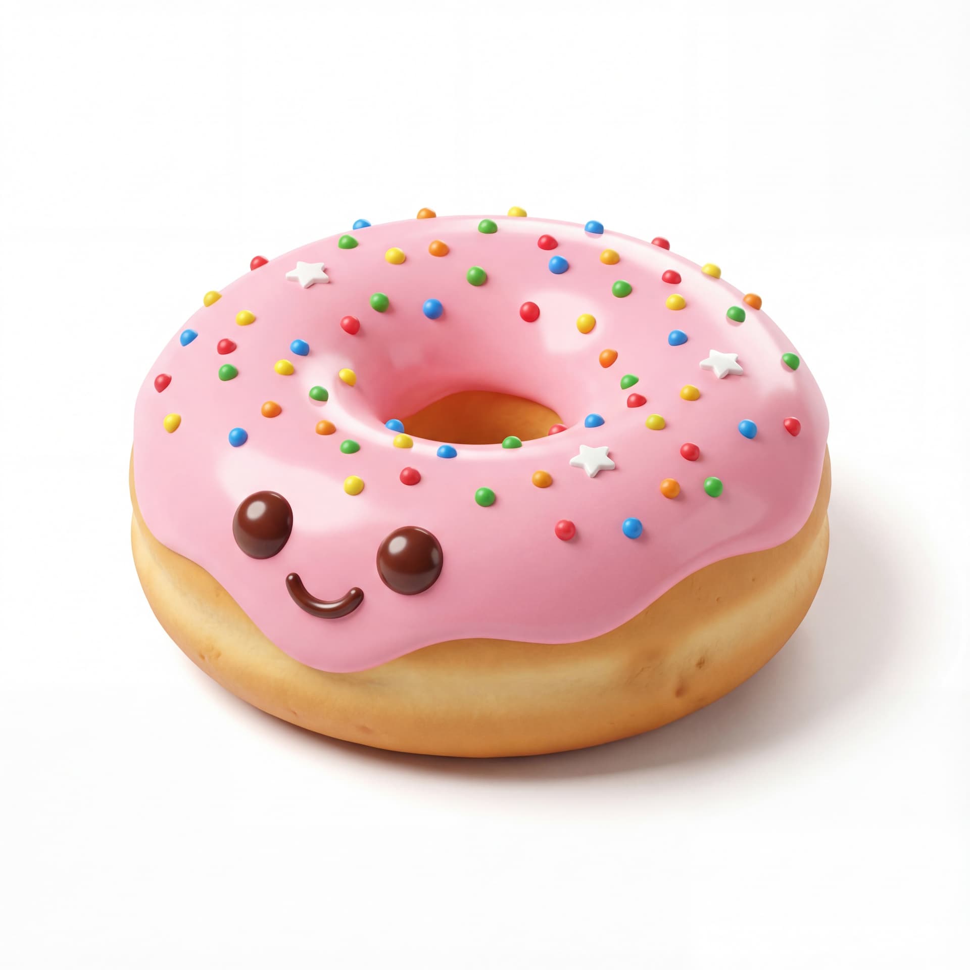 A cute cartoon donut with glossy icing, colorful sprinkles, a chubby shape, and a sweet smiling face.