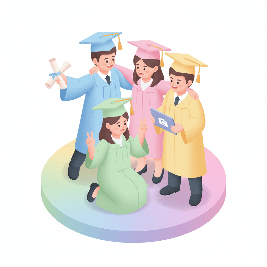 pastel vector isometric icon of a group photo-style student graduation pose