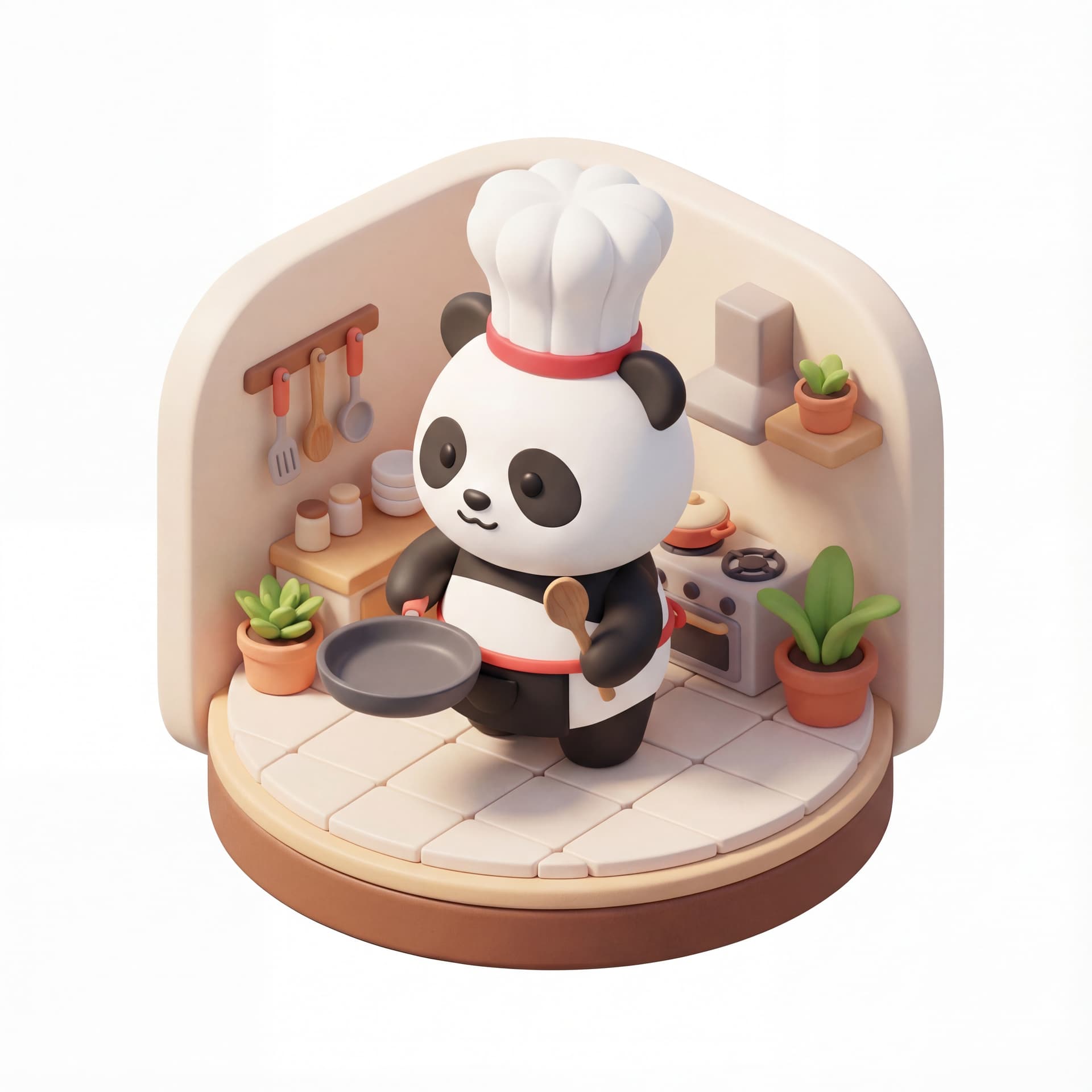 A cute panda chef wearing a tall chef hat, holding a frying pan and wooden spoon, rounded kitchen-themed design.