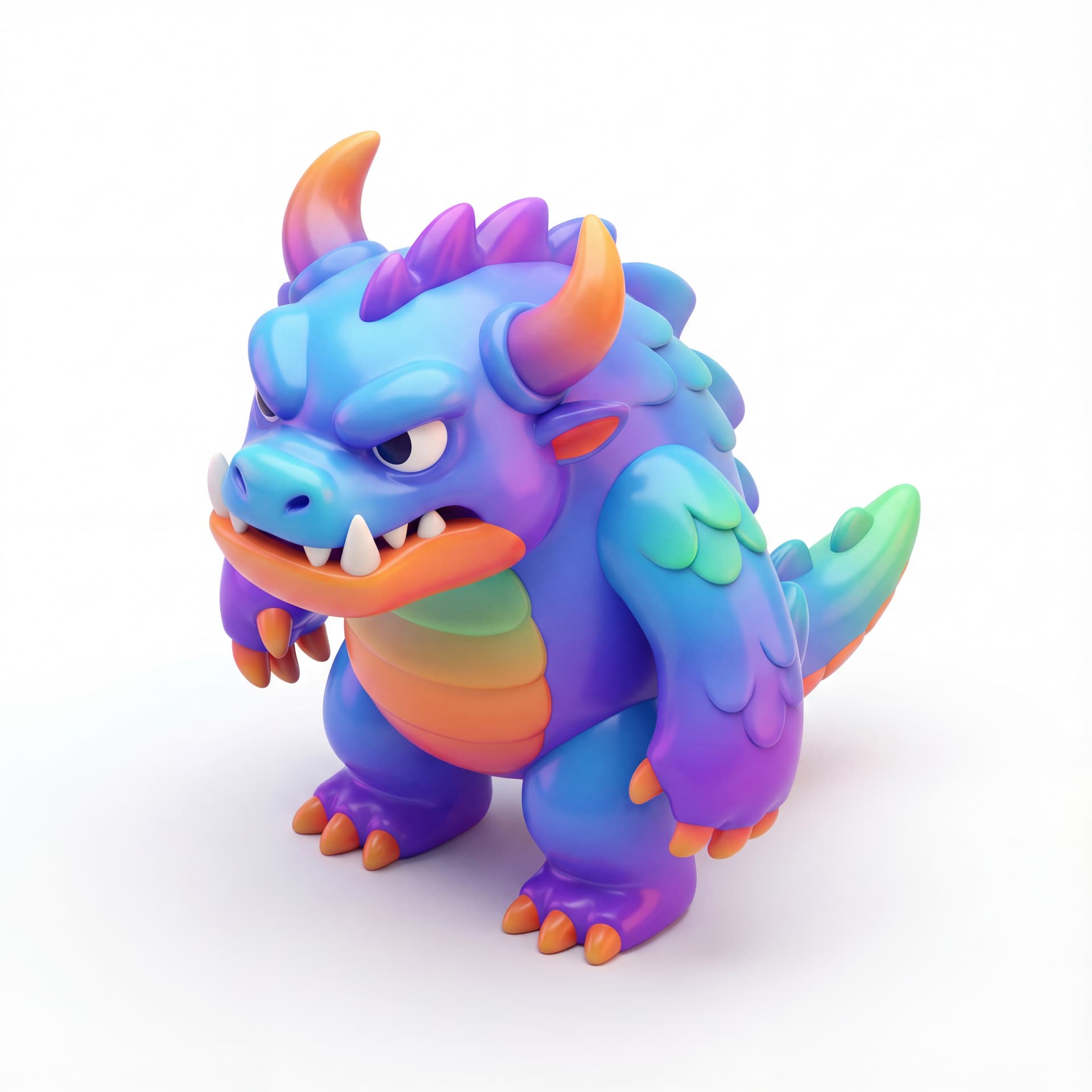 an angry fantasy beast monster with glossy vinyl and gradient vibrant bright color palette. standing tanpa tatakan. 