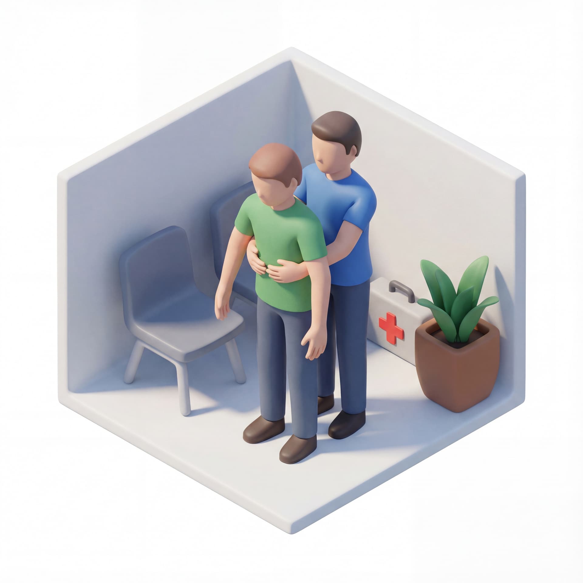 3D isometric vector illustration of choking first aid, adult performing Heimlich maneuver on another adult, indoor public space setting, clear instructional pose, safety education concept, controlled emergency mood, soft ambient lighting, clean color palette with red medical accents, precise isometric perspective, minimal background, professional infographic composition, high-resolution vector style, microstock-ready