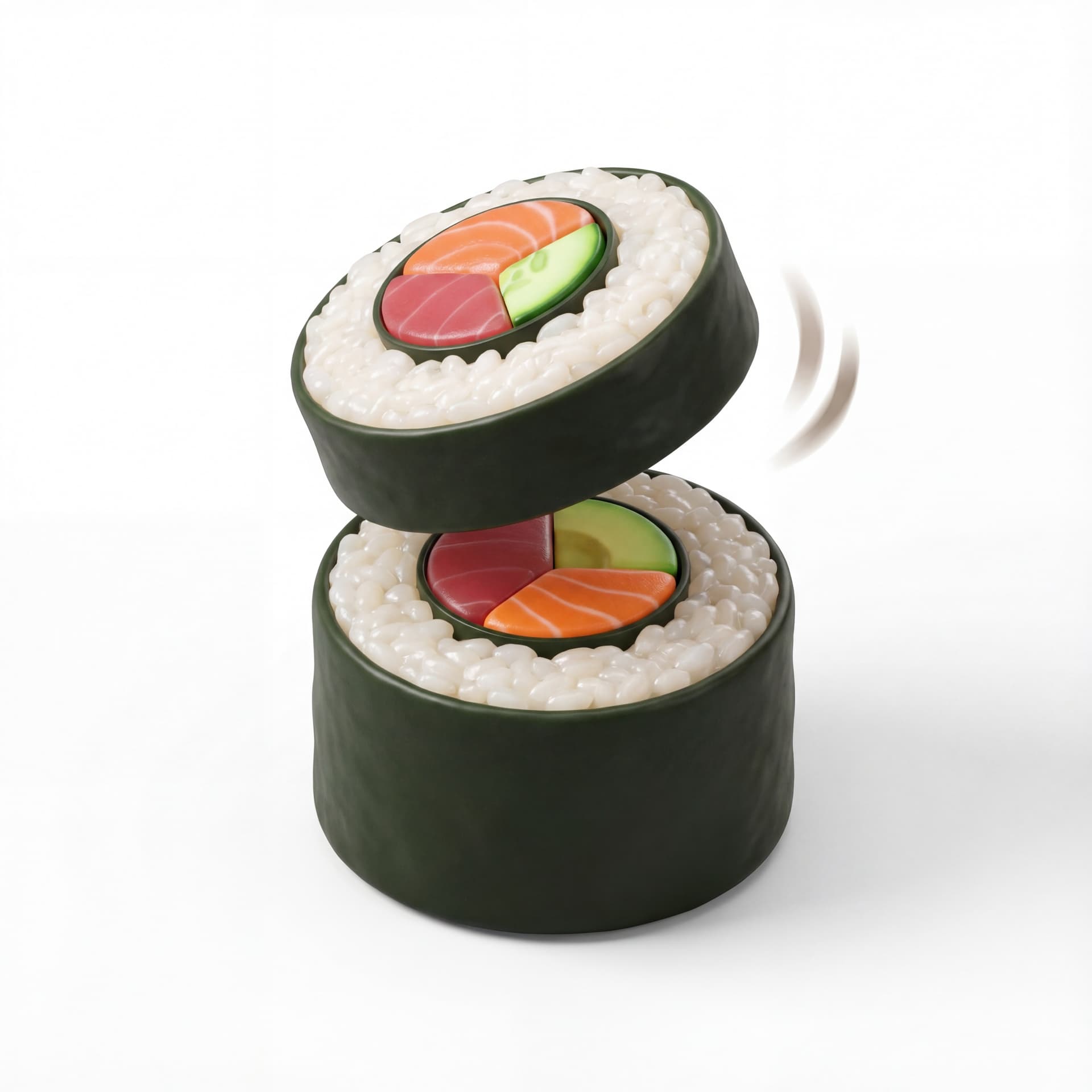 An animated food icon of sushi rolls where the top piece pops up slightly and settles back into place.