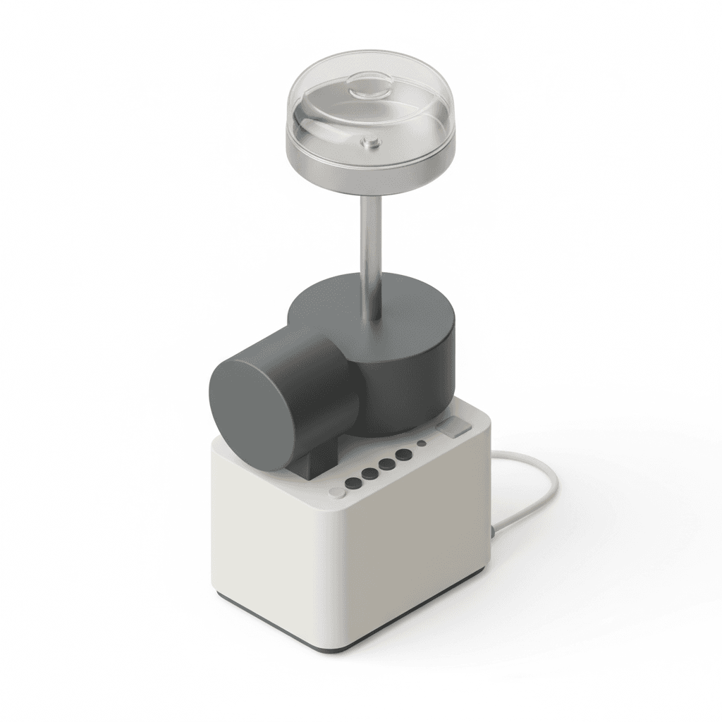 A highly detailed 3D isometric icon of a coffee mixer, inspired by a Dieter Rams Braun design.