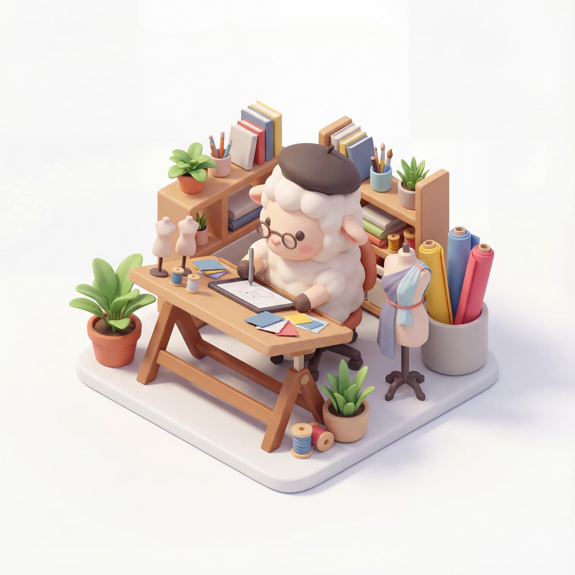 A cute cartoon illustration of a sheep fashion designer sketching clothing ideas, creative studio vibe, isolated on a white background.