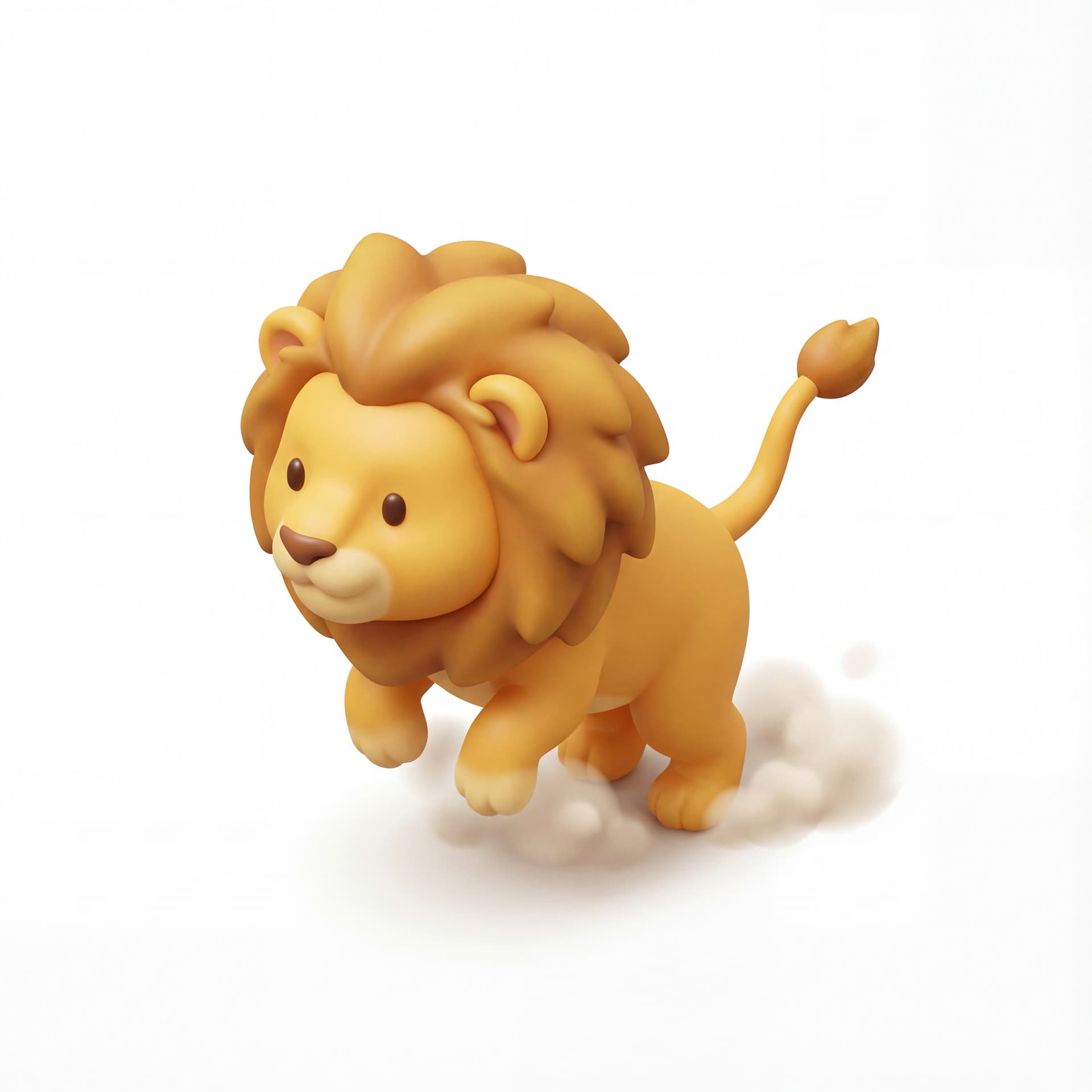 An isometric cute cartoon lion doing a small hop and landing softly, mane bobbing with squash-and-stretch motion.