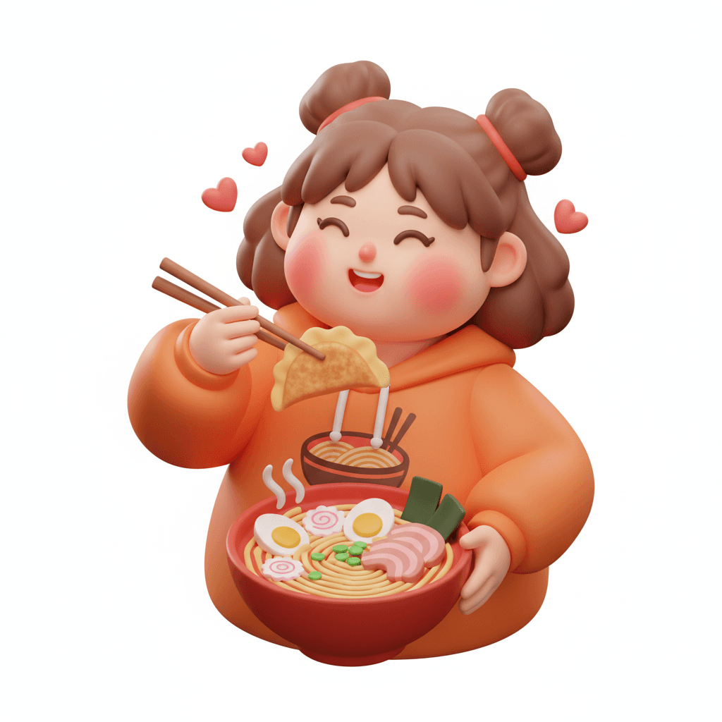 a bold graphic isometric icon of a food-loving girl with chopsticks and flushed cheeks