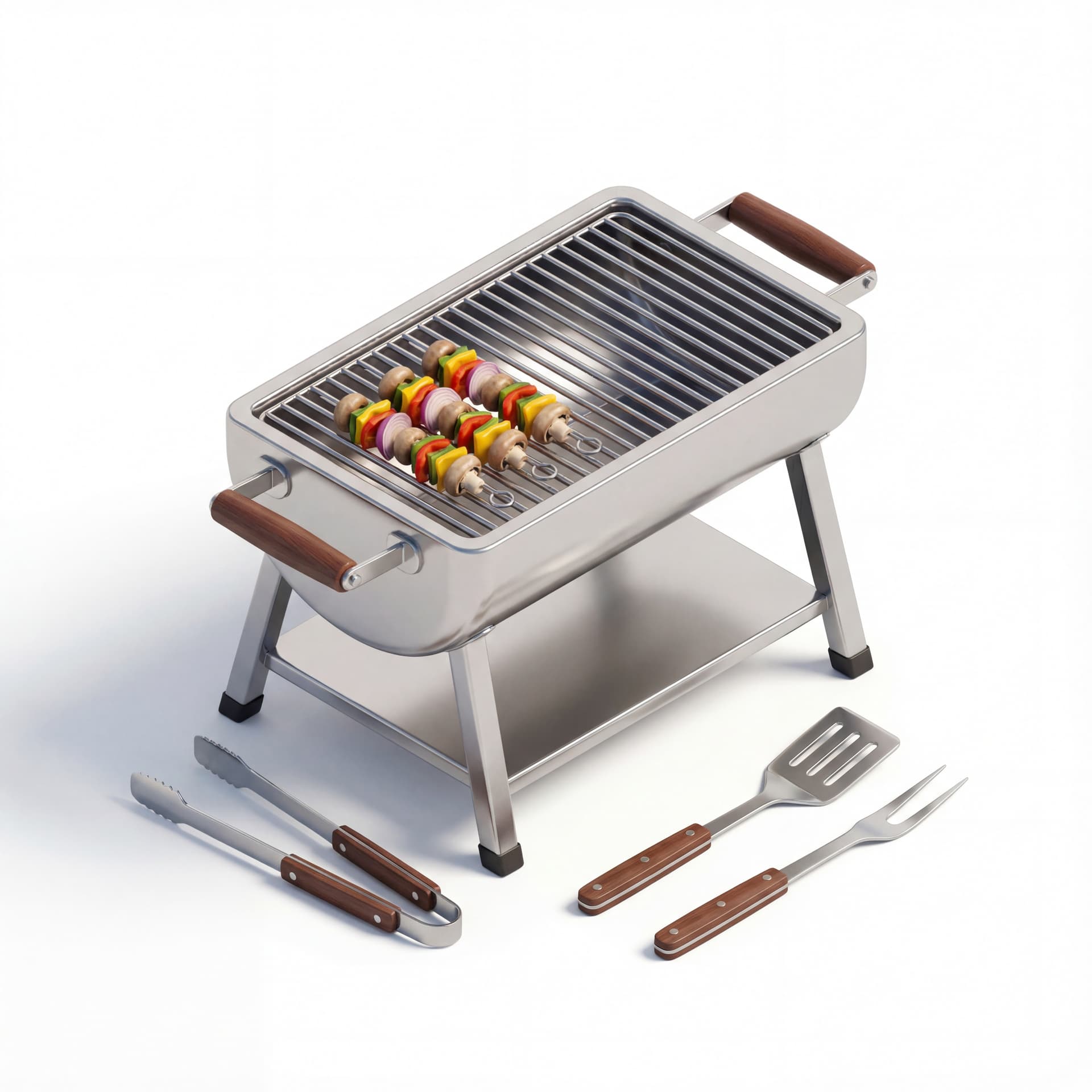 3D isometric BBQ grill icon with grilling tools, premium microstock style, sleek stainless steel grill with wooden handles, organized and symmetrical composition, subtle reflections, soft diffused lighting, calm and friendly mood, isolated on light blue background, clean commercial icon design, high-resolution 3D rendering, minimal noise, perfect for digital assets
