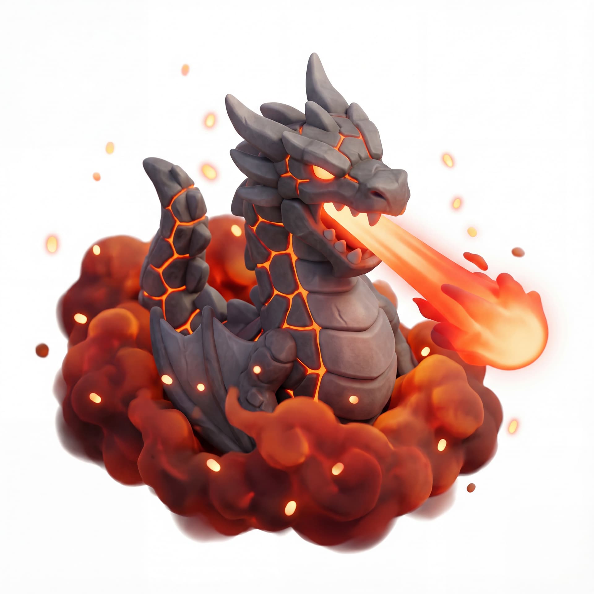 An isometric dragon with dark gray stone scales and cracked lava lines roaring forward while blasting a beam, surrounded by thick red fire smoke and bright floating ember particles