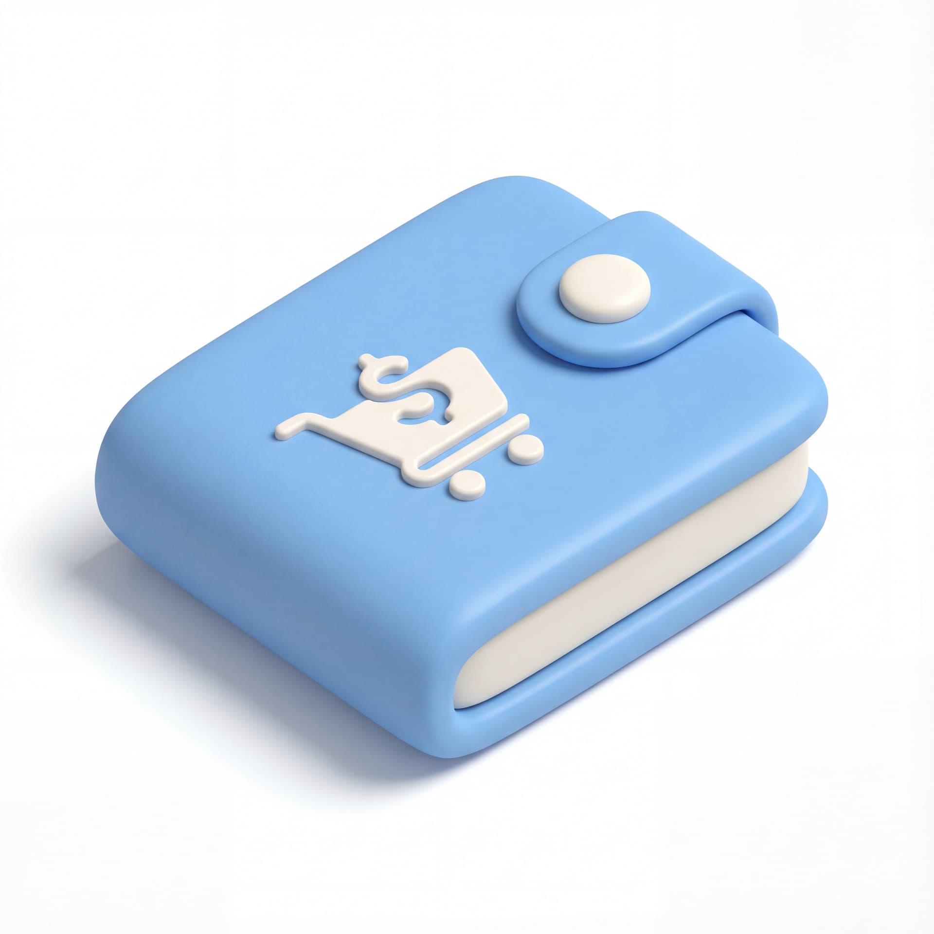 Ikon logo Wallet terkait E-commerce dengan style Simplified Product Icon 3D clay minimal tebal membulat detail rendah konsisten pencahayaan lembut bayangan kontak ringan dan warna dasar biru lembut dengan aksen off-white neutral.