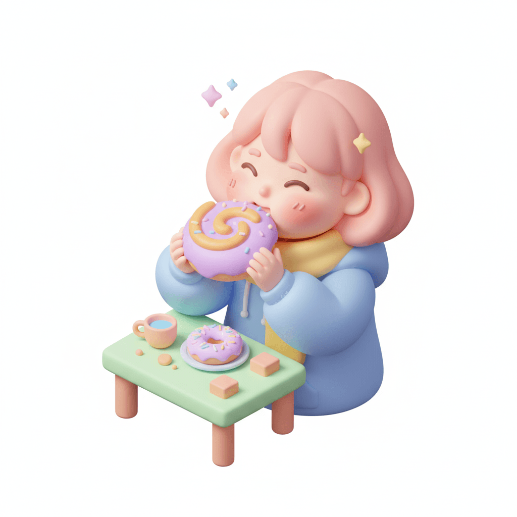 pastel-themed isometric icon of a cheerful girl savoring food with a gentle smile and blushing cheeks