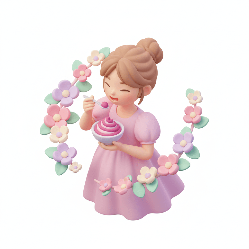 a flat pastel isometric icon showing a joyful girl tasting something delicious with pink flowers around