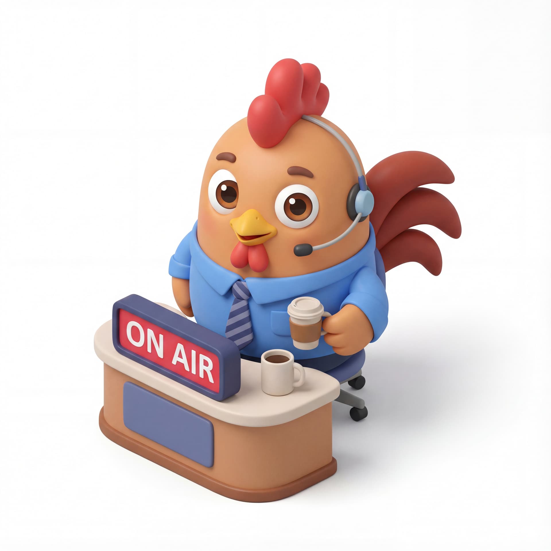 A cute cartoon rooster mascot character dressed as a morning radio host, full body, front-facing, rounded proportions, big expressive eyes, soft shading, friendly neutral smile, centered composition, isolated on a white background.