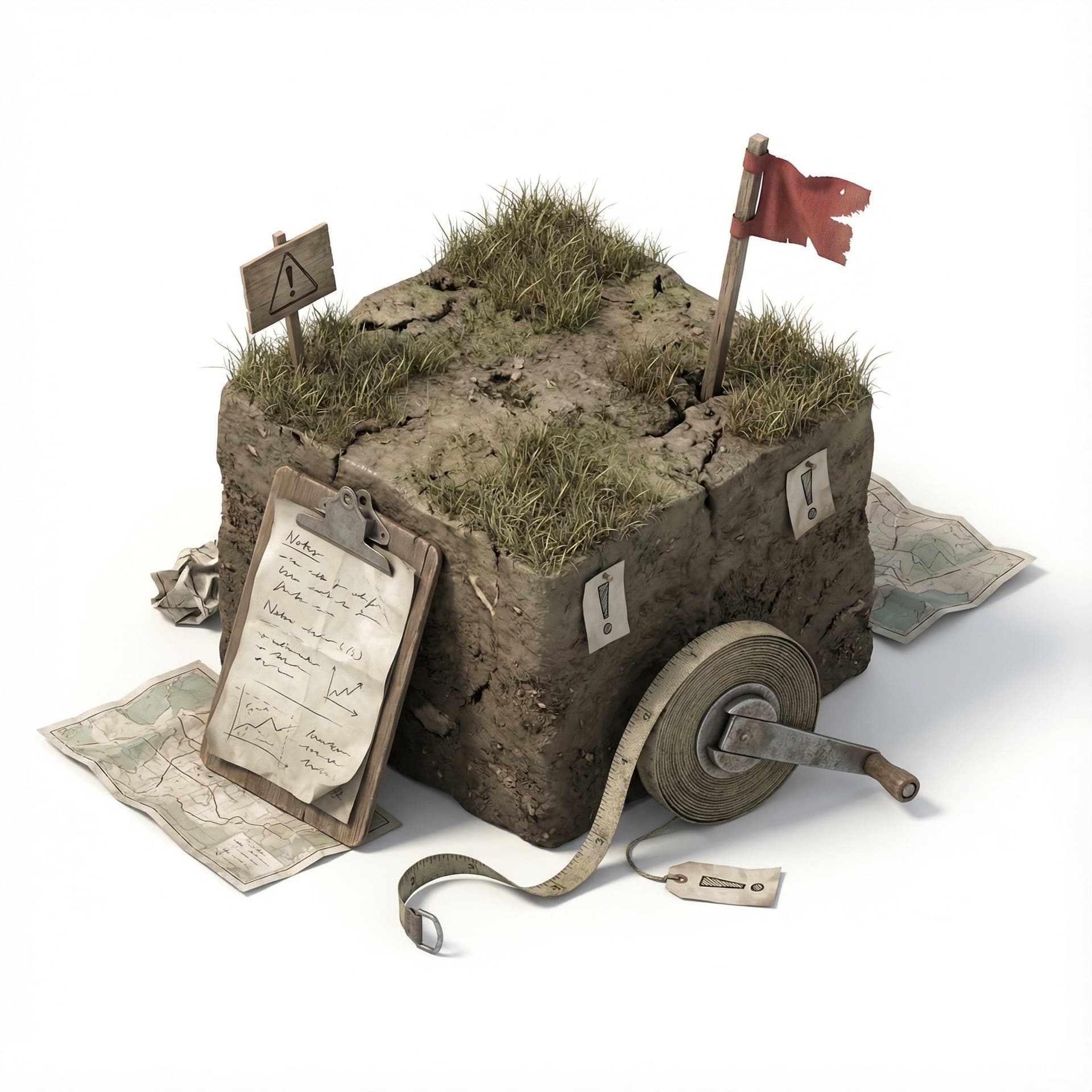 Isometric 3D diorama of a manual land assessment plot. 
A patchy soil block with uneven grass cover. 
Add a clipboard with paper notes, an analog measuring tape, and scattered printed maps. 
Include a wooden stake with a low-tech flag marker. 
Add subtle warning icons or exclamation mark indicators. 
Visual tone slightly dull and desaturated to represent low data accuracy and inconsistent results. 
No digital devices, no sensors, no holograms.