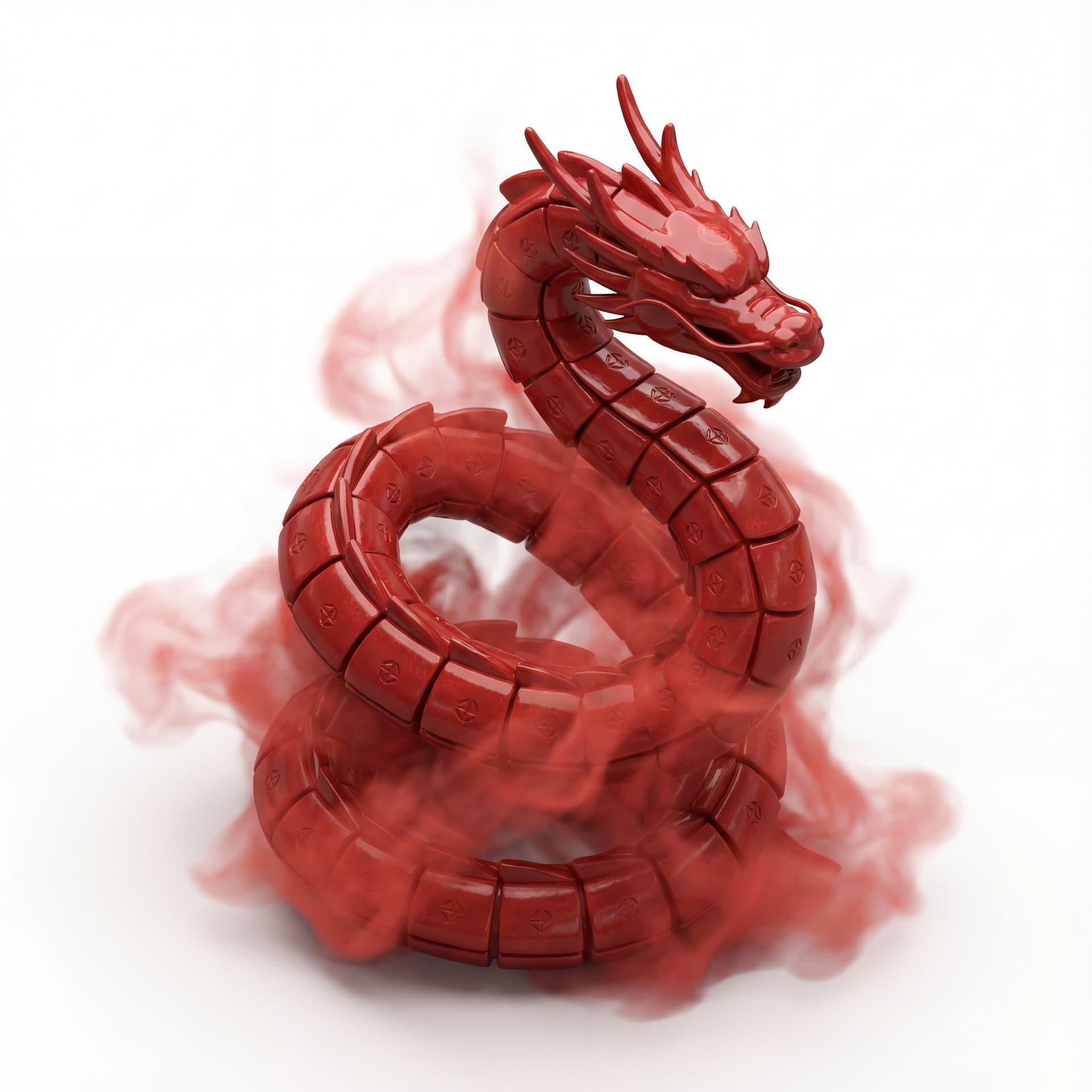 An isometric dragon of crimson lacquer plates with hexagon unity marks rising through a scarlet haze symbolizing raw force.