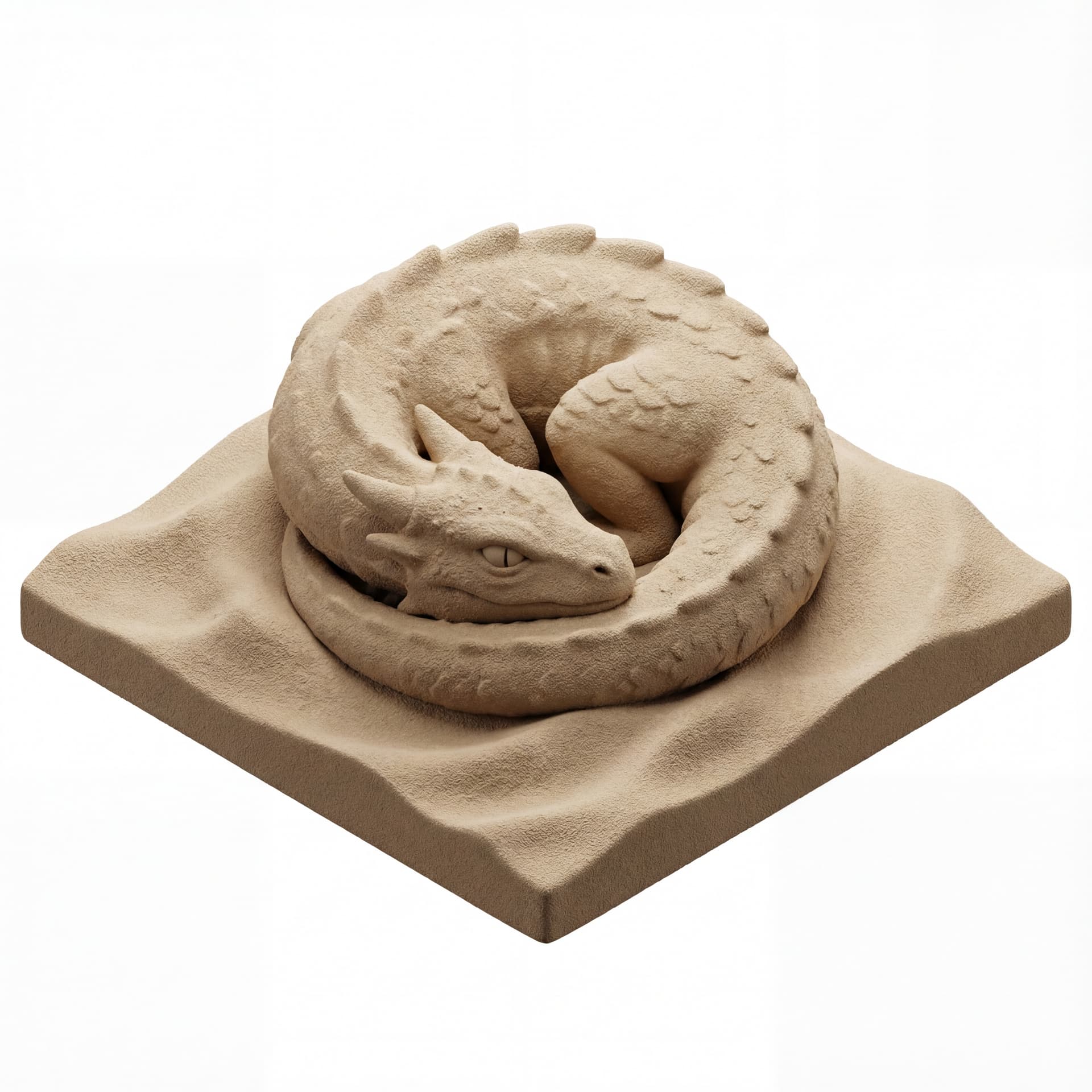 A 3D isometric sand dragon curled atop a dune-shaped tile, matte beige skin with gritty particle texture and narrow desert eyes.
