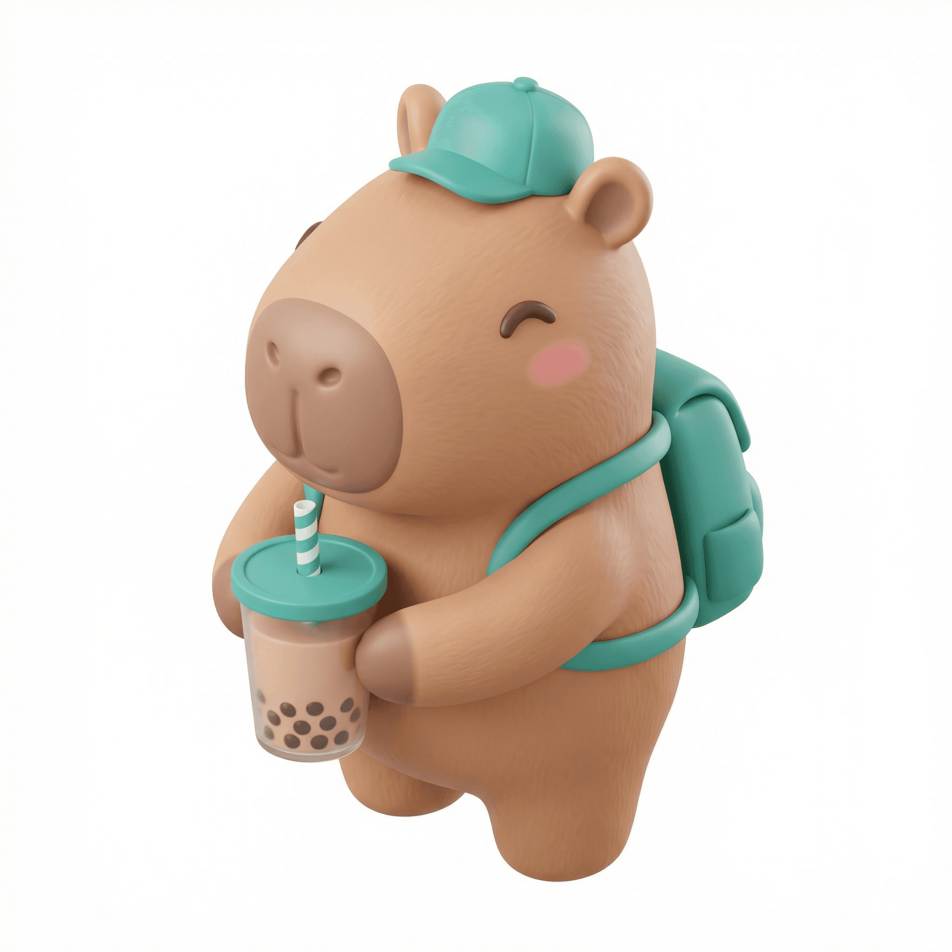 A cute 3D chubby capybara character in a kawaii style, standing upright and holding a cup of milk tea with tapioca pearls and a striped straw. The capybara has a round body, soft pastel brown fur, small rounded ears, and a big oval snout with tiny nostrils. Its eyes are closed in a happy, relaxed expression with subtle blush on the cheeks.  The character is wearing a teal baseball cap and a matching small backpack. The milk tea cup is semi-transparent with visible brown boba pearls at the bottom and a teal lid.  Rendered in a smooth, toy-like 3D style with soft lighting, rounded edges, and matte plastic texture, similar to Pixar or collectible vinyl figures. Clean white background, minimal shadows, high detail, ultra high resolution, adorable and cozy aesthetic.