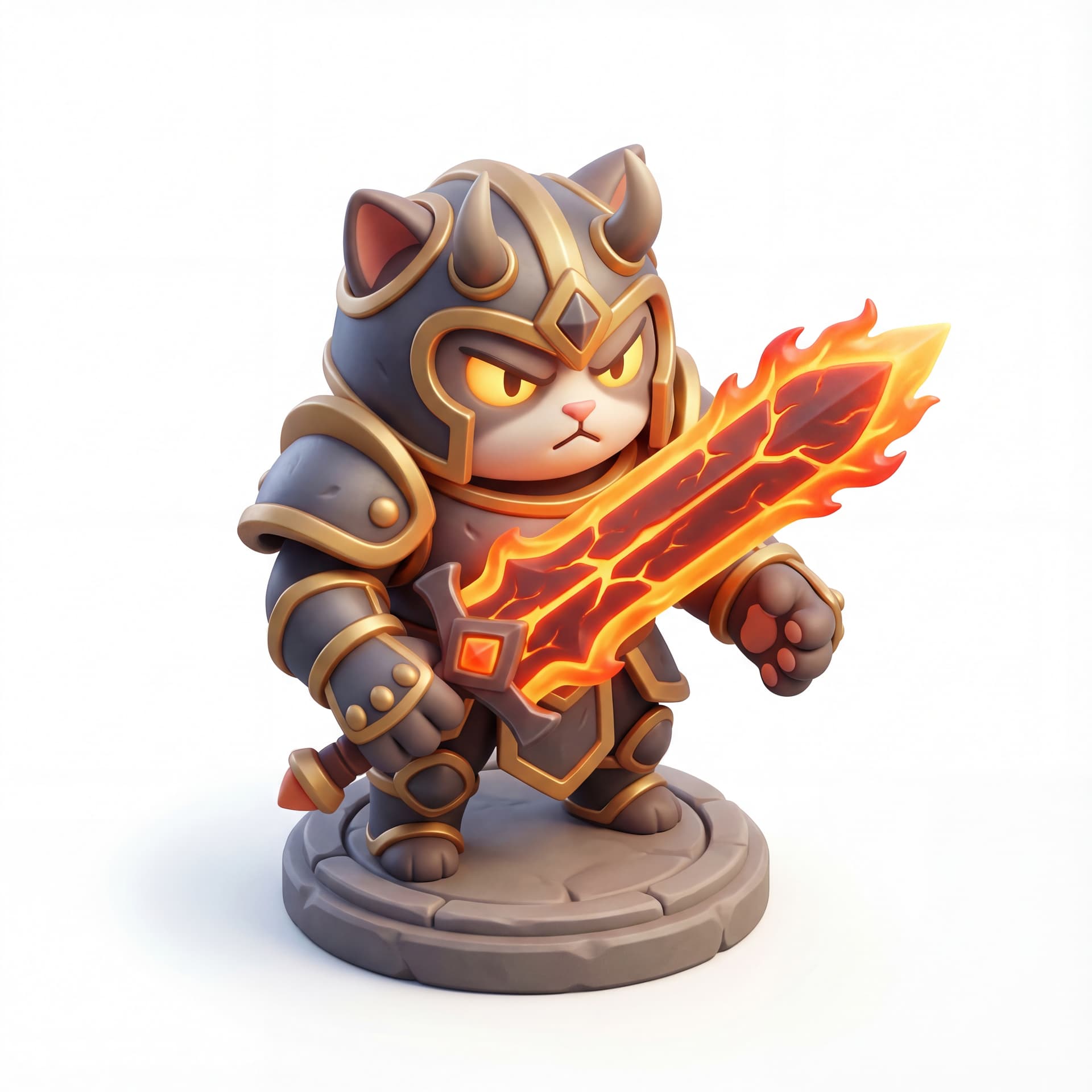 A highly detailed 3D cartoon cat knight gripping a broad sword made of molten fire, flame veins running along the blade edges, glowing cracks on the weapon surface, expressive fierce eyes, stylized fantasy armor, isolated character.
