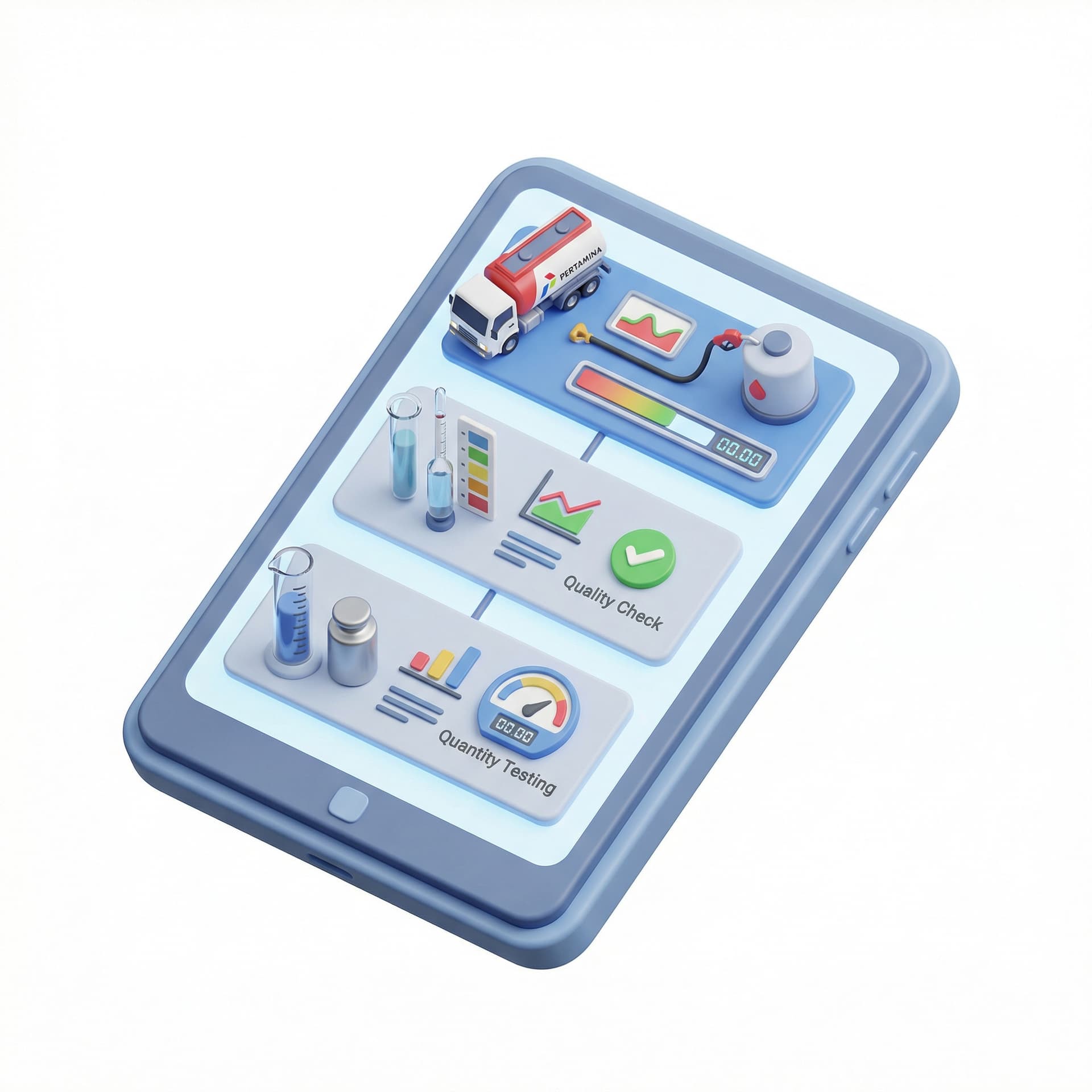 buatkan illustrasi gabungan dari Laporan pengisian BBM dari mobil AMT pertamina, Laporan pemeriksaan kualitas BBM, Laporan pengujian takaran BBM