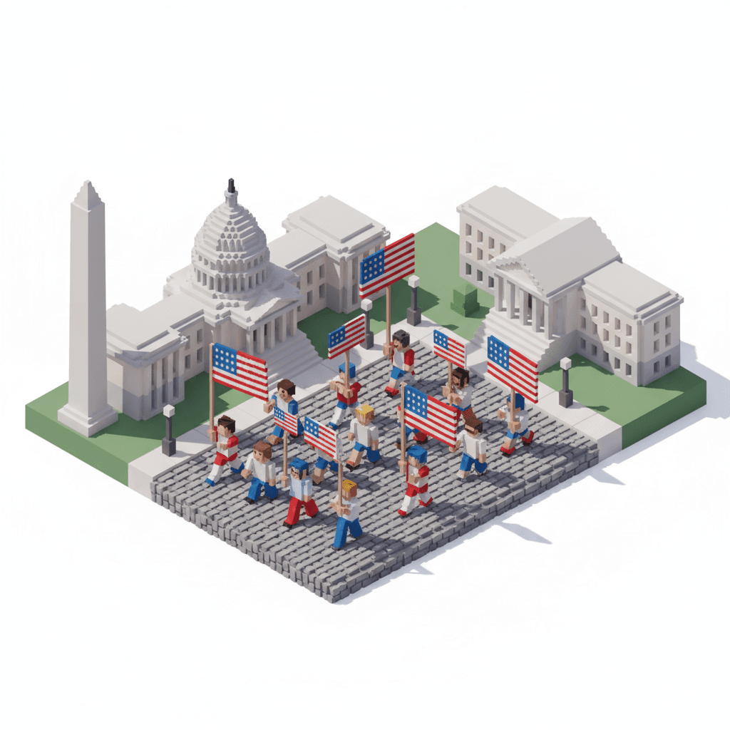 retro-style pixel isometric icon of a patriotic protest march