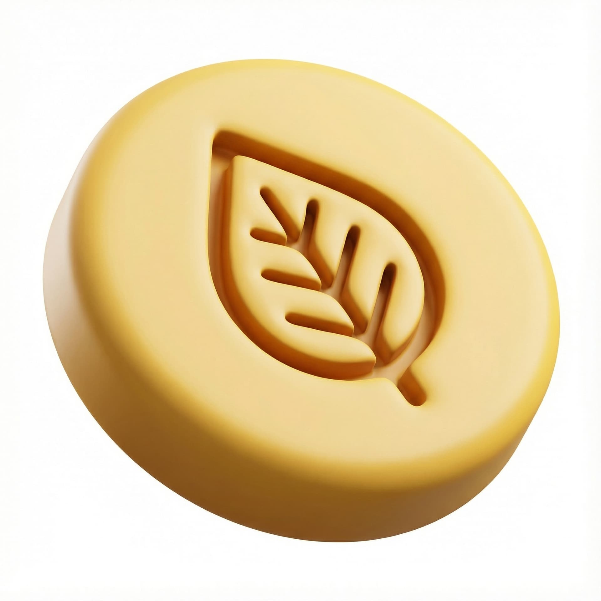in warm yellow tones with a leaf symbol engraved on its surface.