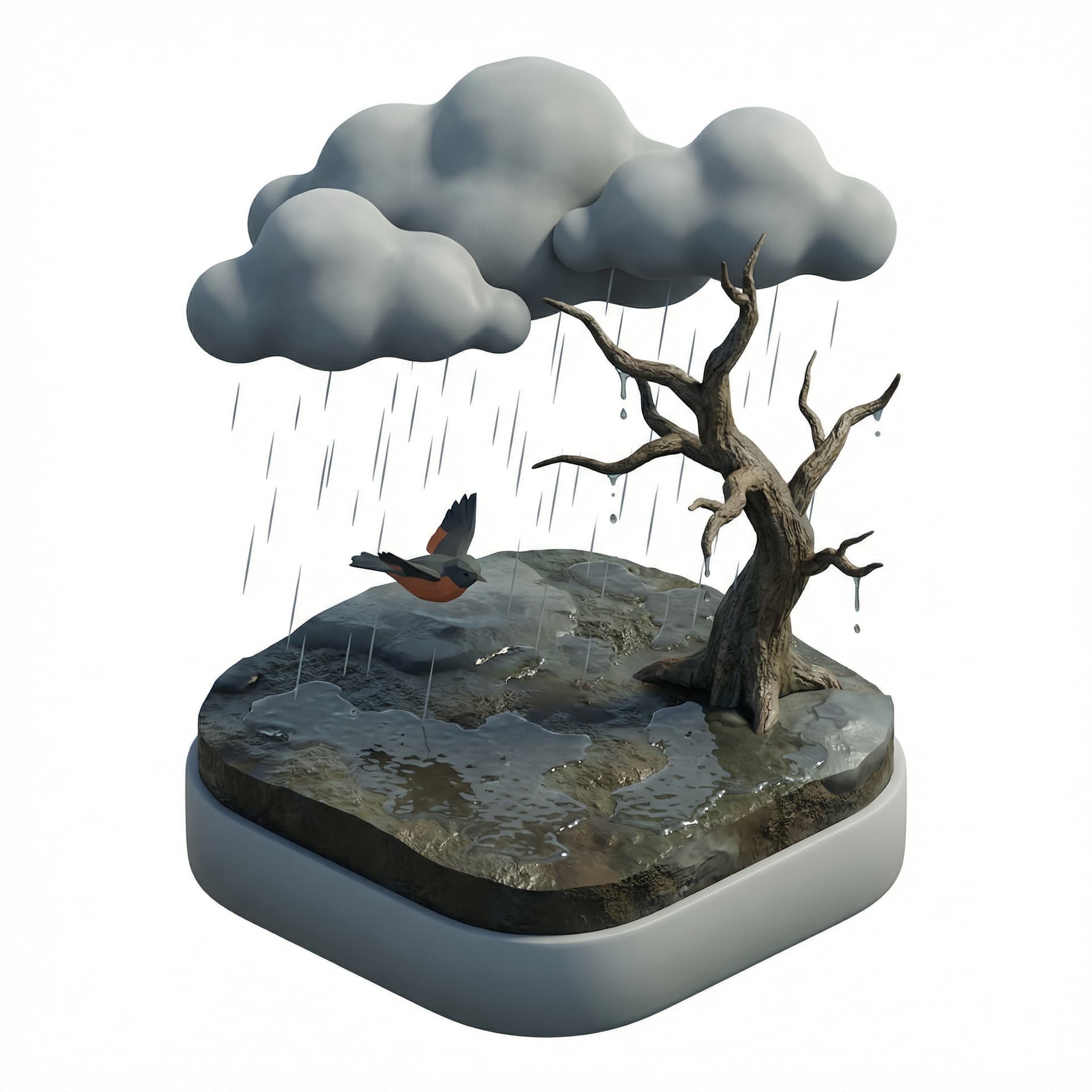 Isometric 3D render diorama of a lonely black and rust-orange bird flying slowly over a small, rain-soaked floating island. A single dead tree, gray clouds, puddles on the ground. Melancholic atmosphere, muted colors, low poly style, soft lighting, miniature world, orthogonal view.