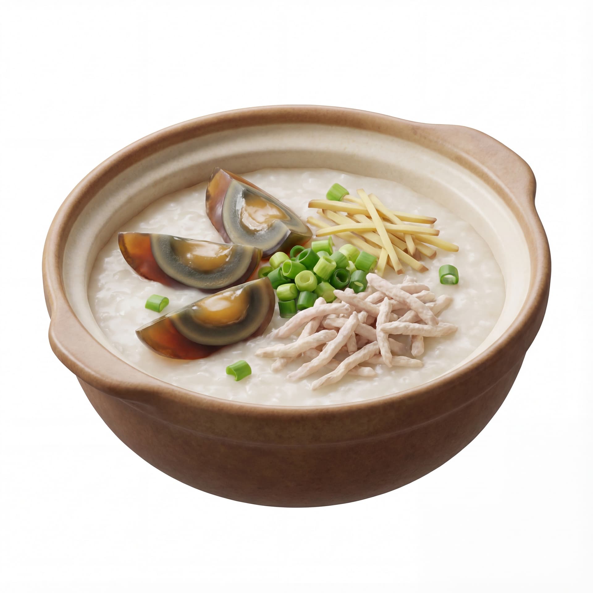 A ceramic bowl containing congee topped with sliced century egg, shredded pork, ginger strips, and chopped scallions.