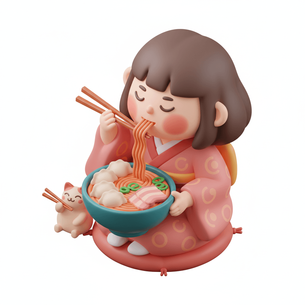 a high-saturation isometric vector of a girl eating with chopsticks
