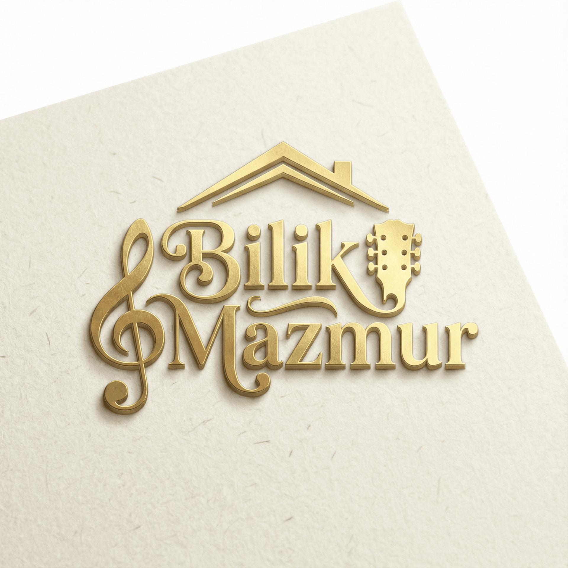 A typography-based logo for "Bilik Mazmur". The words "Bilik Mazmur" are rendered in an elegant, flowing serif font. The letter "B" and "M" subtly incorporate shapes of a treble clef and a guitar headstock. Above the text, a small stylized roof or canopy icon shelters the words. The entire design is centered, facing straight forward, vertical orientation. Gold foil texture on a textured cream paper background. Luxury and quiet feel. --ar 1:1