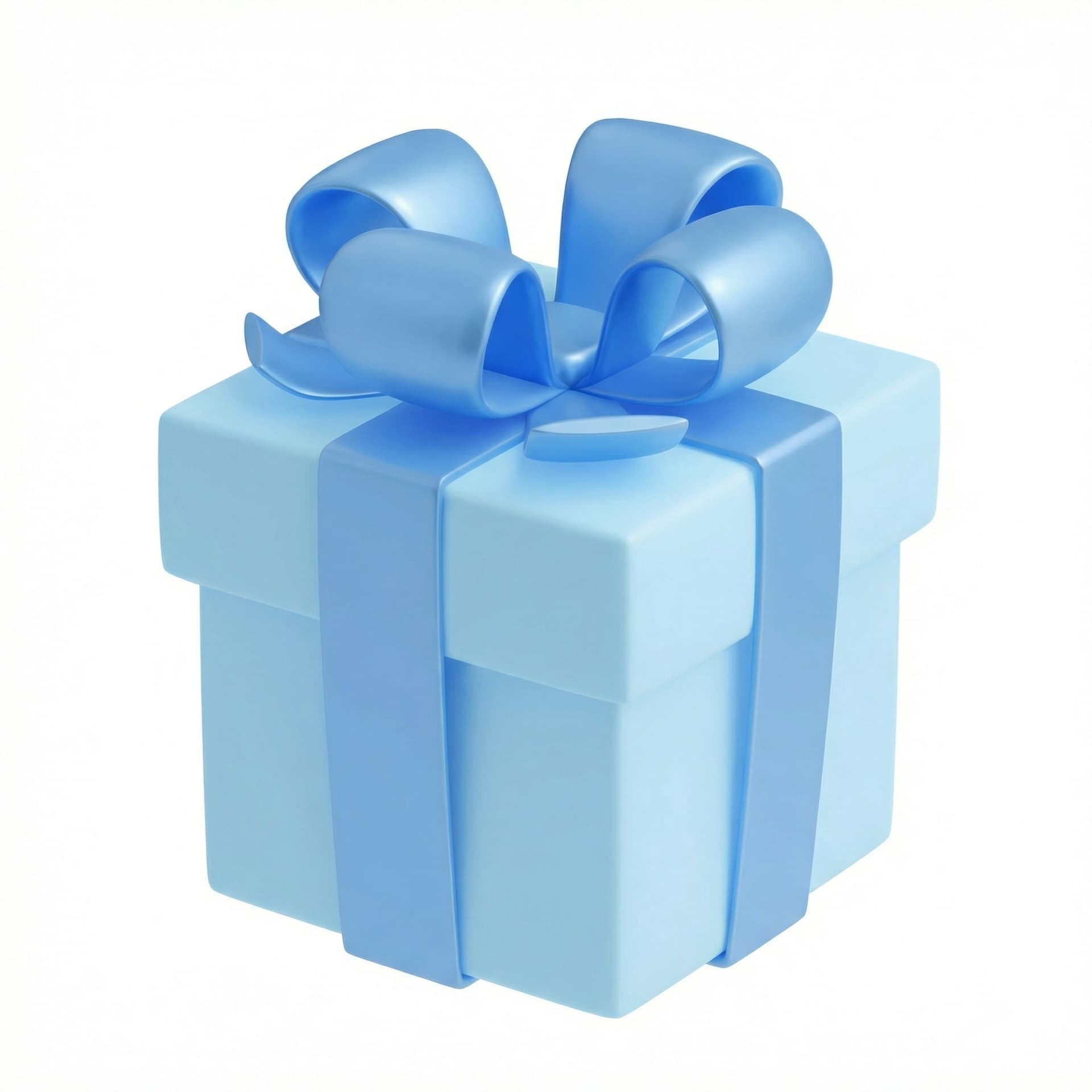 A minimalist 3D render of a light blue gift box with a smooth matte finish, perfectly centered on a pure white background. The box is wrapped with a slightly darker blue ribbon that goes vertically and horizontally around the box, tied into a large, elegant bow on top. The bow has soft, rounded loops with a glossy plastic-like material, subtle reflections, and smooth edges. The gift box has clean geometric proportions with slightly rounded corners, giving it a modern, premium look. Soft studio lighting, gentle shadows beneath the box, high realism, product photography style, no text, no watermark, ultra high resolution, clean and simple composition.